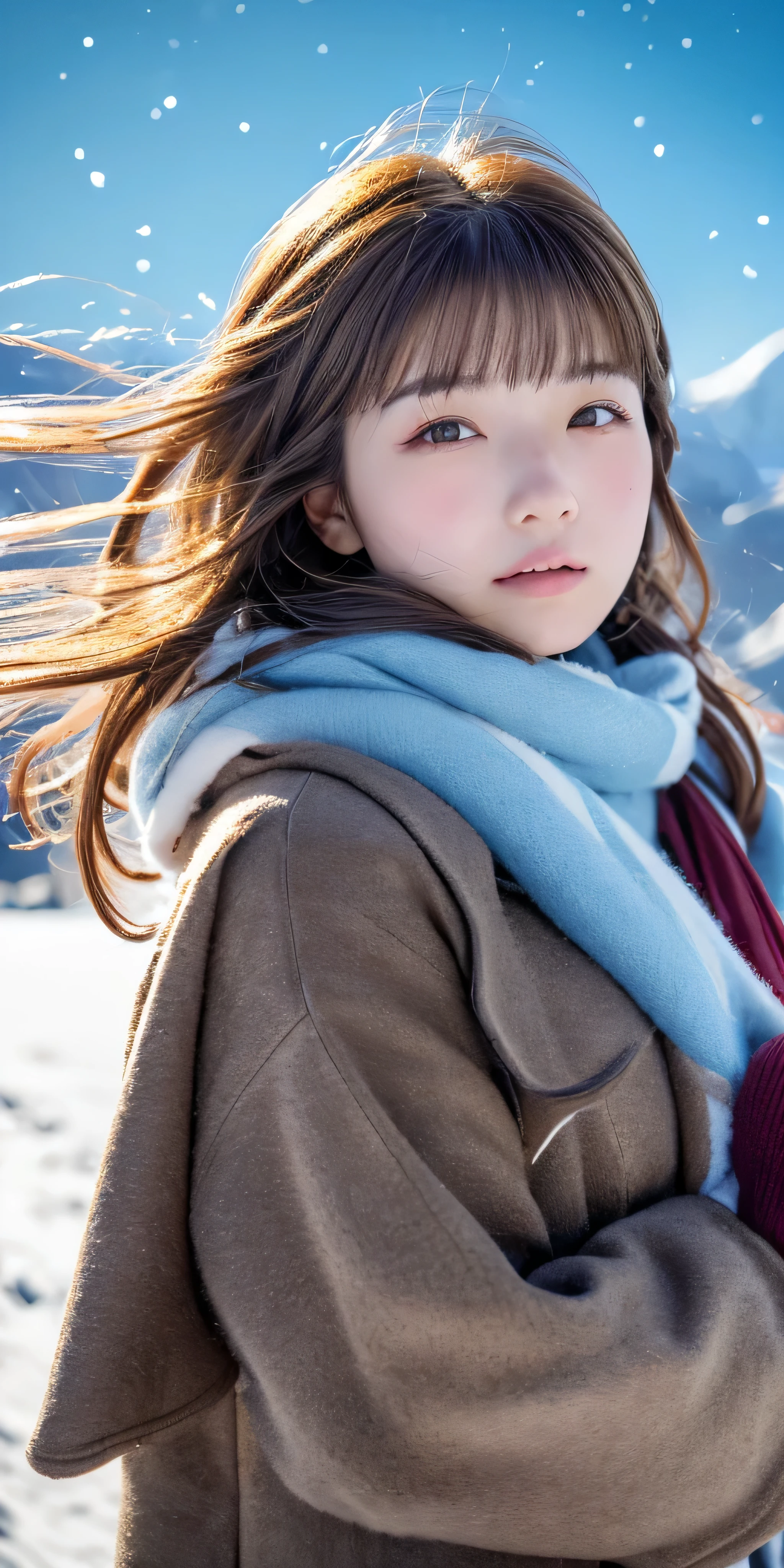 ((hair blowing in the wind、no makeup:1.2))、(realistic、Photoreal、Super detailed、Best detailed skin、highest quality、masterpiece、超A high resolution)、cute russian woman、14 years、high school girl、young girl、1 girl、have bangs、Ash Brown、bun hair:1.7、double eyelid、drooling eyes、Japanese style face、purity、realistic skin type、thick muffler、Gray muffler、Fluffy hair、((There&#39;hair in scarf:1.3))、red cheeks、The wind is blowing、that&#39;It&#39;s snowing、night、illumination、Lighting from behind、hair blowing in the wind、((Southern Alps summit、A meteor shower、milky way galaxy、stare at the sky、night sky、:1.0))