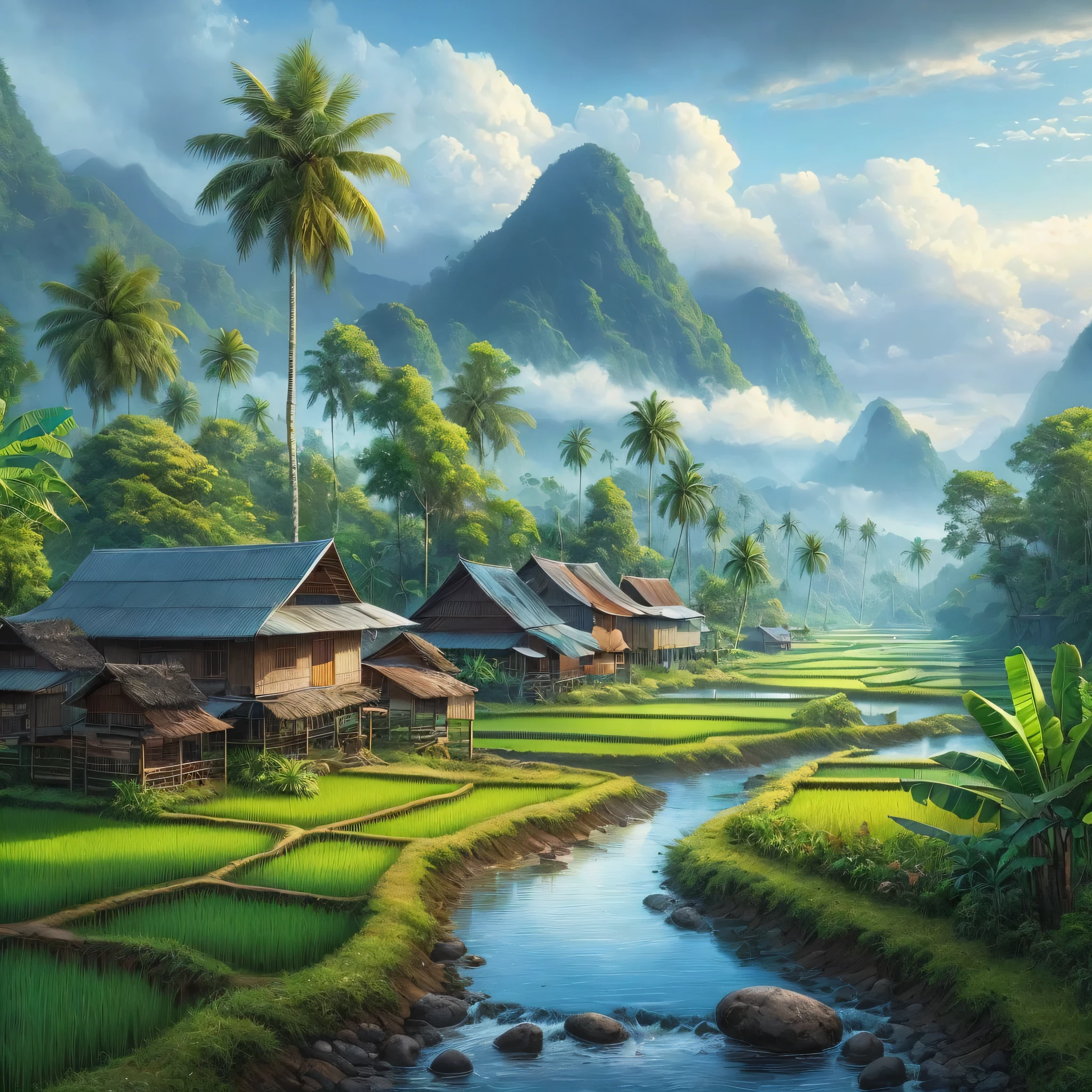 beautiful paintings of rice fields, rocky rivers, banana trees, coconut trees, wooden houses with tin roofs, with mountain backgrounds, fine art paintings, trending in the CG community, Sumatra, houses in the forest, son, tropical locations, cellphone wallpapers