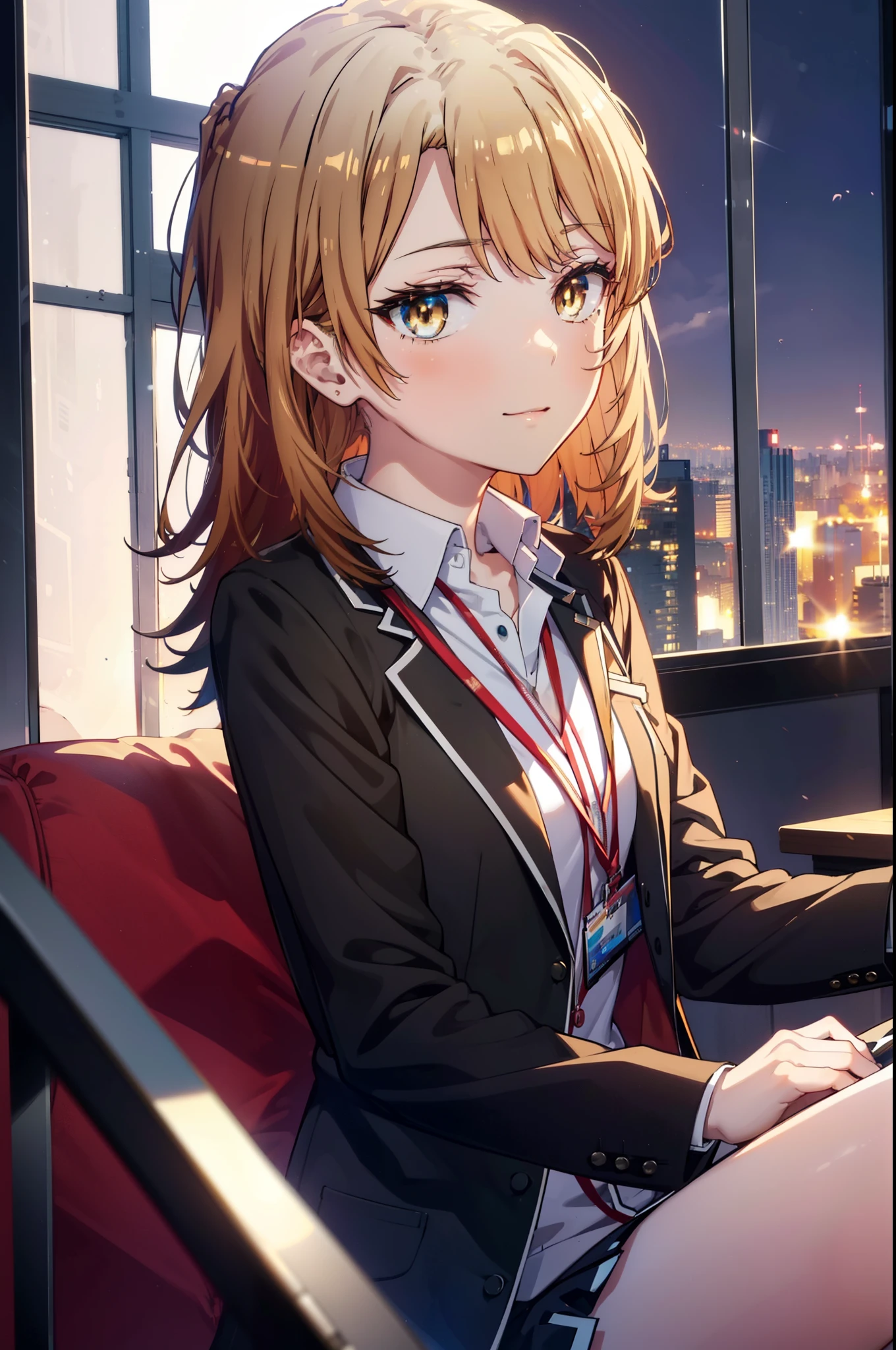 irohaisshiki, iroha isshiki, long hair, brown hair, (brown eyes:1.5), happy smile, smile, open your mouth,OL, red glasses,ponytail,short braided hair, black suit jacket, collared jacket, white dress shirt, collared shirt, neckline, button, strap, ID card on neck, black pencil skirt, black pantyhose, stiletto heels,There is a computer on the table,sitting cross-legged on a chair,interior,noon,Clear skies,window Building district,
break indoors, office,
break looking at viewer,(cowboy shot:1. 5)
break (masterpiece:1.2), highest quality, High resolution, unity 8k wallpaper, (figure:0.8), (detailed and beautiful eyes:1.6), highly detailed face, perfect lighting, Very detailed CG, (perfect hands, perfect anatomy),