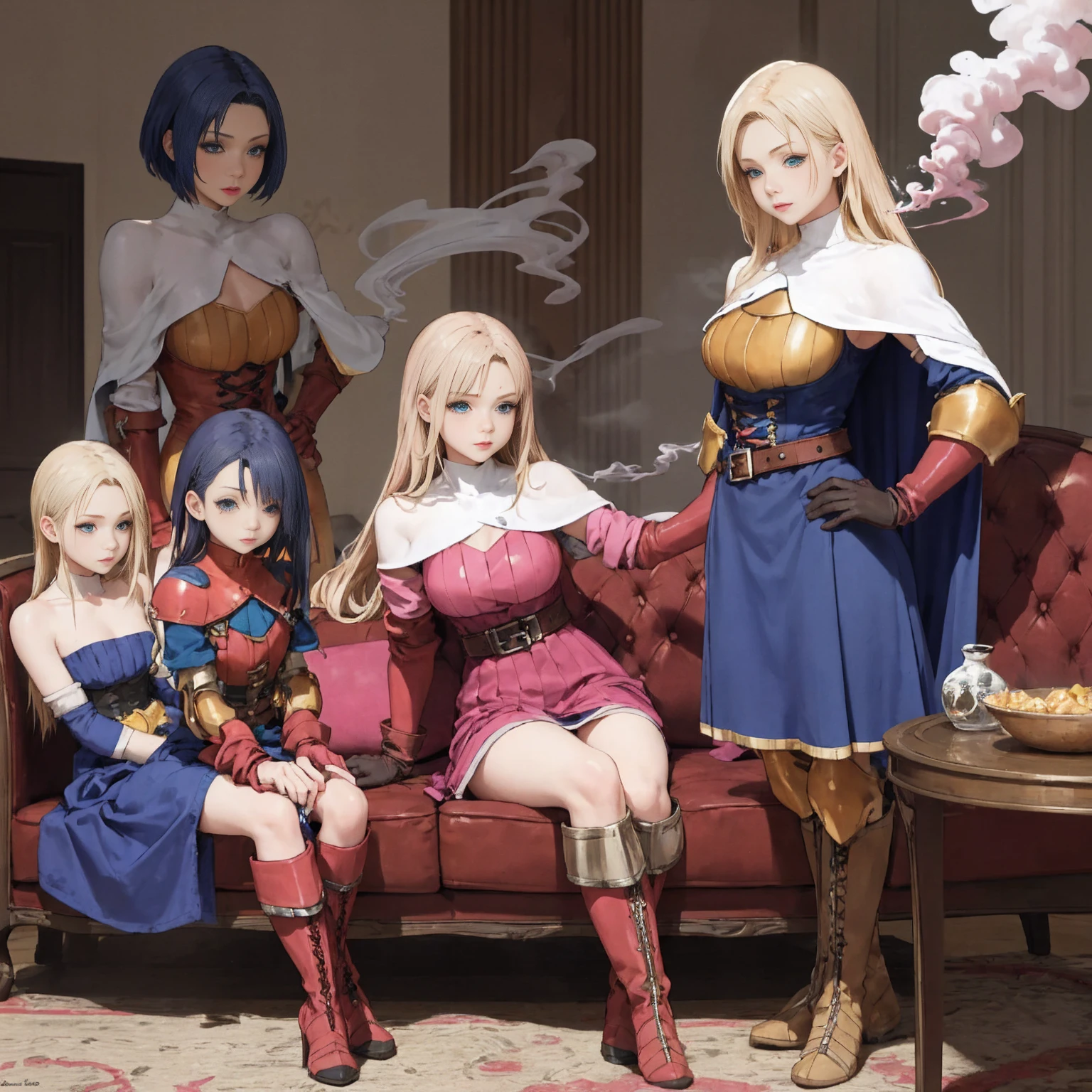 shadow clone, clone, ((pink smoke)), hand on hips, 5girls (Female Knight (Final Fantasy Tactics)) 1girl, indoor, sofa, pillows, buildings full body (2legs, 2arms each female), long blonde hair, blue dress big belt knight outfit clothes Female Knight (Final Fantasy Tactics) (KnightFFT, long hair, blonde hair, blue eyes, cape, armor, blue dress, belt, gloves, boots,) Female Knight (Final Fantasy Tactics sits on sofa, dark blue hair, high leather boots