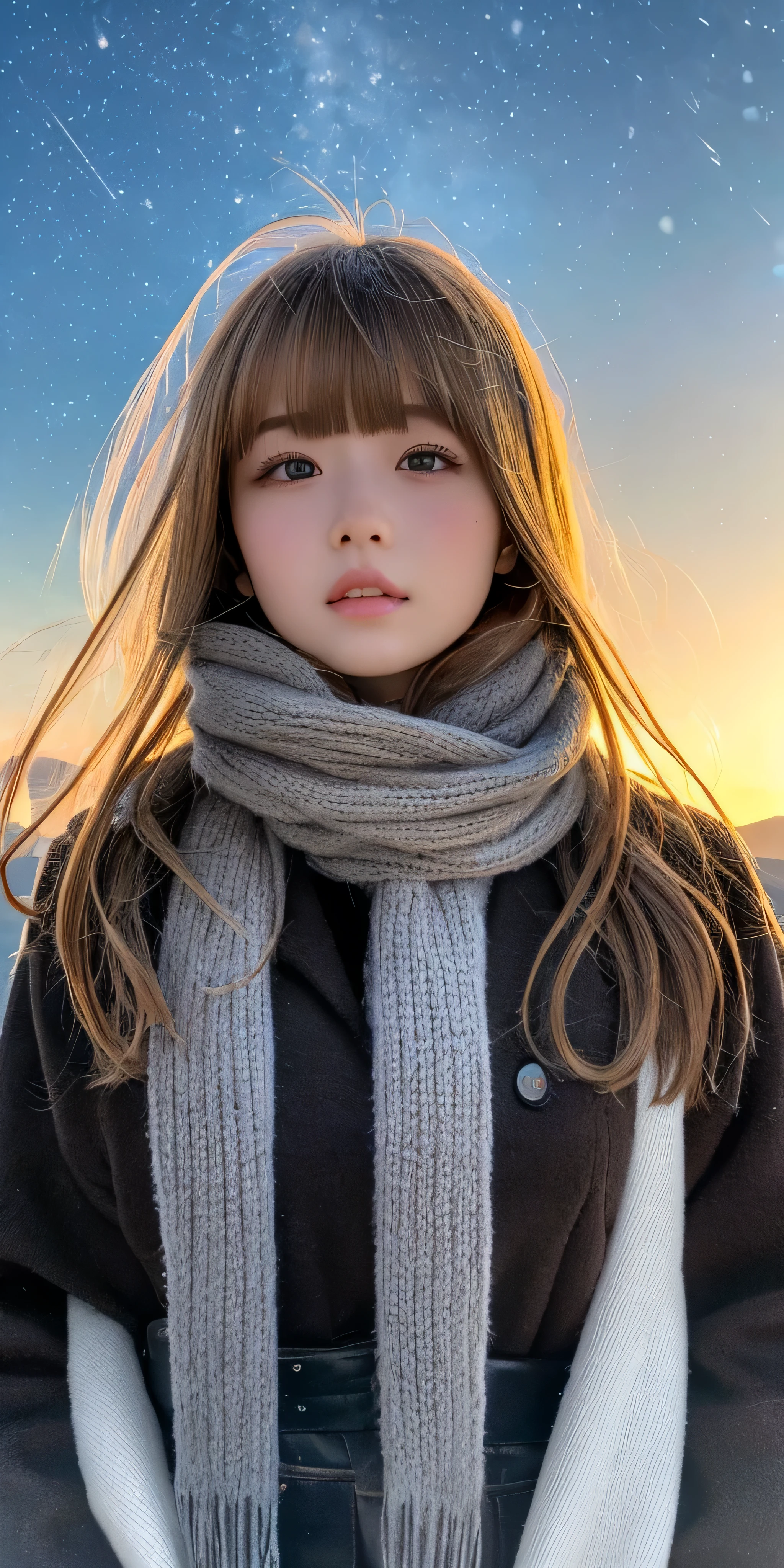 ((hair blowing in the wind、no makeup:1.2))、(realistic、Photoreal、Super detailed、Best detailed skin、highest quality、masterpiece、超A high resolution)、cute russian woman、14 years、high school girl、young girl、1 girl、have bangs、ash blonde:1.7、double eyelid、drooling eyes、Japanese style face、purity、realistic skin type、thick muffler、Gray muffler、Fluffy hair、((There'hair in scarf:1.3))、red cheeks、The wind is blowing、that'It's snowing、night、illumination、Lighting from behind、hair blowing in the wind、((Southern Alps summit、A meteor shower、milky way galaxy、stare at the sky、night sky、:1.0))
