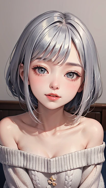 A light blush and a smile, (Masterpiece of the highest quality:1.2) Delicate illustrations, super detailed, /beautiful japanese woman、1 person,Very cute and slim、outstanding style 、((8K image、super high quality))、Very delicate face, Skin and Hair、red lipstick、short hair、straggling hair,(((((Gradient Hair、silver hair))))),Very cute Japanese cut face、Eyes and nose are clearly visible、Kind eyes,(((off shoulder sweater、looking at the viewer)))、full body shot