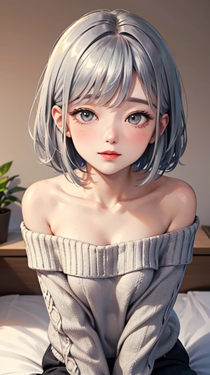 A light blush and a smile, (Masterpiece of the highest quality:1.2) Delicate illustrations, super detailed, /beautiful japanese woman、1 person,Very cute and slim、outstanding style 、((8K image、super high quality))、Very delicate face, Skin and Hair、red lipstick、short hair、straggling hair,(((((Gradient Hair、silver hair))))),Very cute Japanese cut face、Eyes and nose are clearly visible、Kind eyes,(((off shoulder sweater、looking at the viewer)))、full body shot