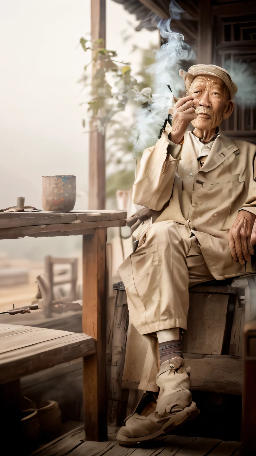 photography,portrait photography,(An old Chinese village man:1.5),Sitting alone in an old-fashioned teahouse,Smoking a cigarette leisurely,Smoke is thick,canon camera,raw,8k,Award-winning works,