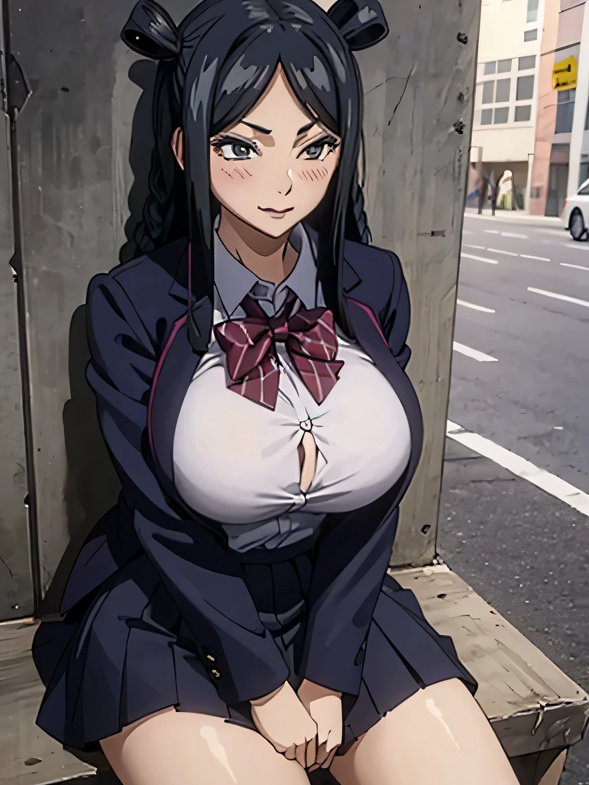 4k, Lens flare, Nico Robin, Black hair evil grin, huge breasts, plaid top, seductive, sexy, huge breasts, massive breasts, Nico Robin, Seductive boots, mature, mommy, lewd outfit, dominant boots, looking up, Super detailed eyes, Black pupil, detailed eyelashes, Sadistic smile, detailed teeth, detailed pupils, evil look, low angle shot, low angle, looking down at you, holding leash, dog leash, school girl outfit, outside, purse, goth boots, goth look, low camera angle