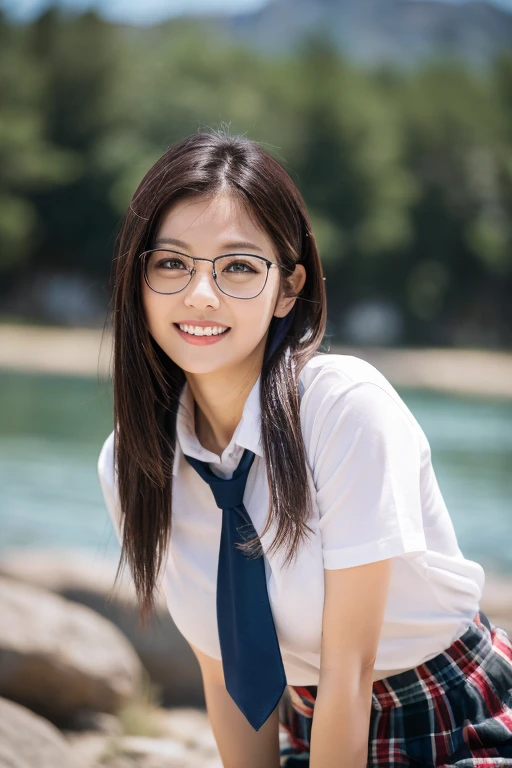8k RAW photo, highest quality, masterpiece, ultra high resolution, 3D, realistic, 1 girl, Asian, black_hair, 前hair, black_crew_collar, length_hair, nose, School_uniform, neckerchief, natural skin texture, light brown_eye, detailed eyes and face, lips, lipstick, smile, teeth, beautiful feet, huge breasts, Wear glasses, beautiful natural places, (detailed background), plaid skirt, white shirt, huge breasts, blurred background, short sleeve