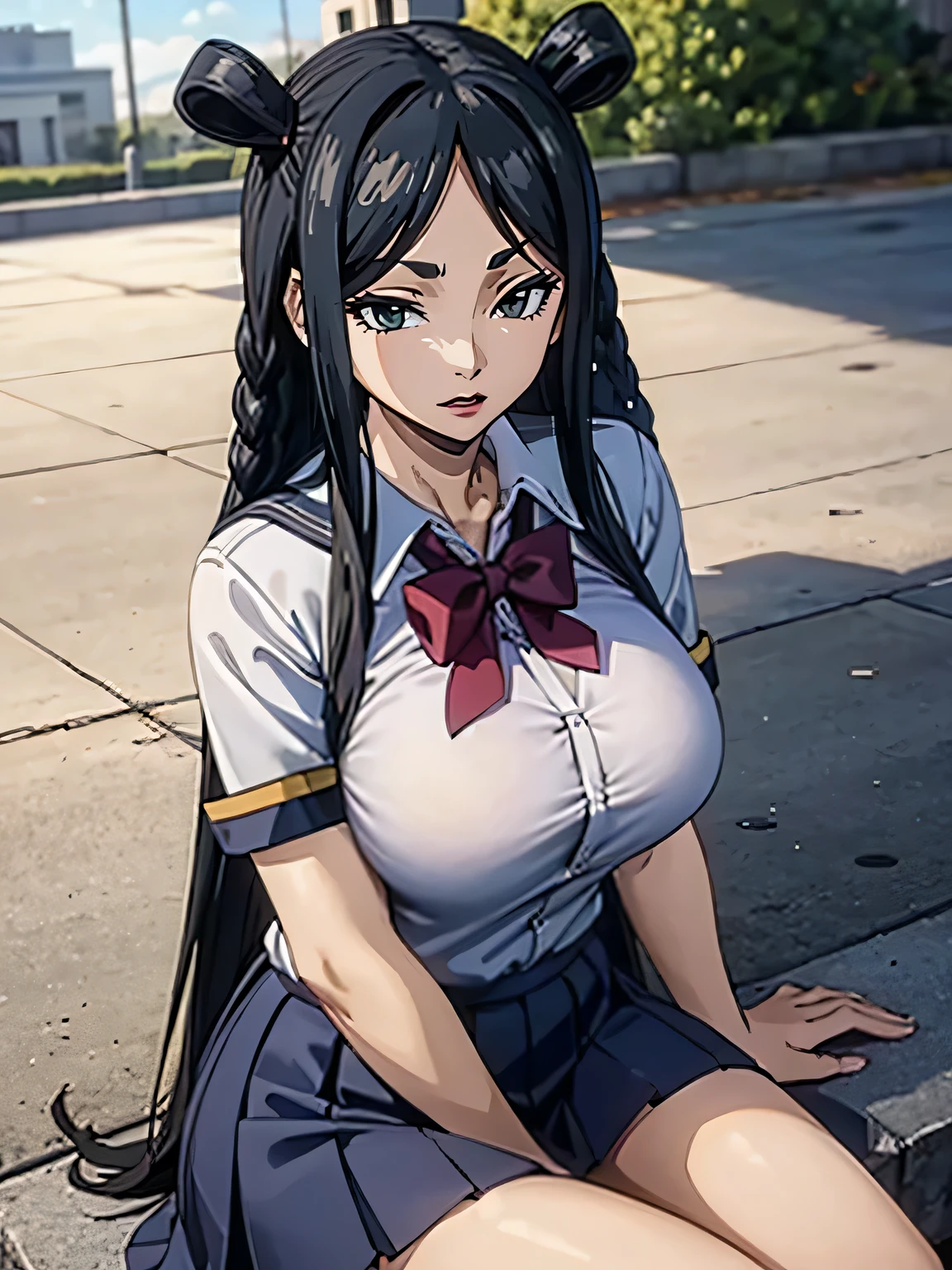 1 woman,big tits,((school uniform)), blush,A slight smile, is sitting,on open air,