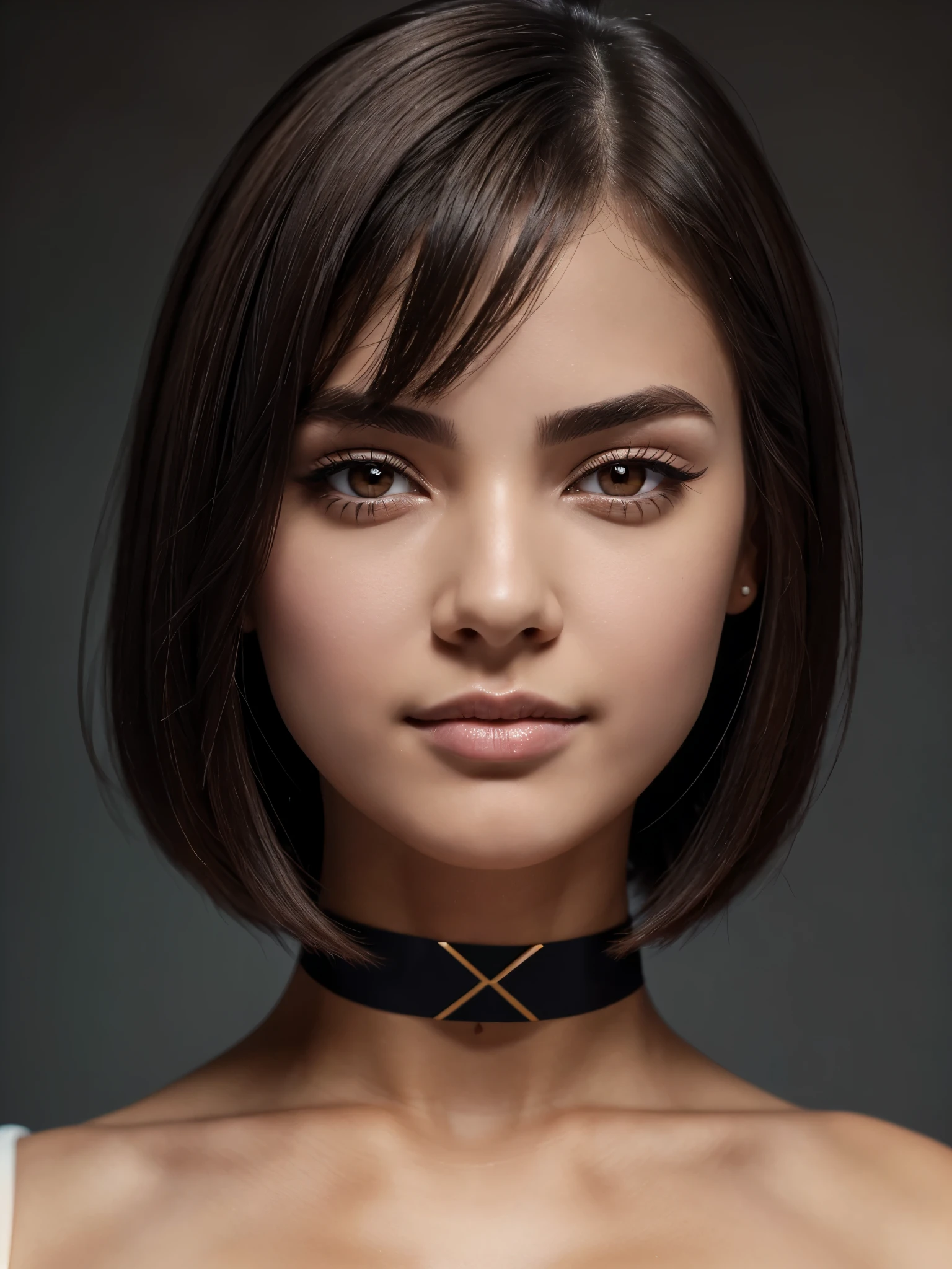 ((Beautiful)+nerd:0.8+cute:0.9), 20_years_woman, young_facial_feautures, (short_head:1.5 round_face:1.5), bob_cut_hair straight_hair (black_hair:1), symmetric_eyes:1 monolid_eyes:1 large_eyes:1.2 short_eyes:1.2 eye_wings:0.8 brown_eyes:1.5 mahogany_brown_eyes:1, double_eyelid:0.8, small_eyebrows:1.5 rounded_eyebrows:1.3, (tanned_skin:1.3), european_nose:1 delicate_nose:1.2, young_gorgeous_woman, feminine_cheeks large_cheeks:1.3 round_cheeks:1.2 cheek_dimples:0.9, small_lips:1.4 pink_lips:0.9, most_beautiful_woman (1Woman:1.5, (Masterpiece, 8K, best quality, highres:1.5), (full_bodyshot:1.5, looking_at_viewer:1.5, body_looking_at_viewer:1.5), white_photoshoot:1, white_room:1, white_backdrop:1.5, standing, neutral_body_posture:1.5, (neutral_facial_expression:1.5, closed_lips:1), wearing white_strapless_mini_dress), slender_body:1, short_body:1, (big breasts:1.3), sexy glasses, choker