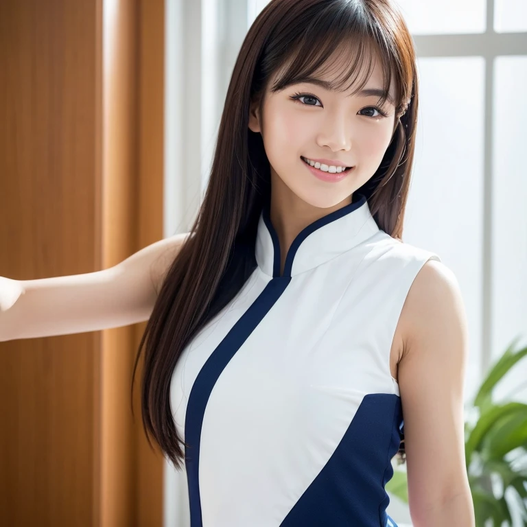 The face of a beautiful Japanese female idol in her teens, wearing cool white and navy stage costumes with a futuristic design, dances with a cheerful smile while looking at us from the window. Focal length 100mmf/2.8, spring day, sunny, living room on the upper floor of a high-rise apartment, ideal light source, well-shaped face, toned body, large arm movements, close-up of eyes, presence, dynamism, 8K image quality ,Highest quality.