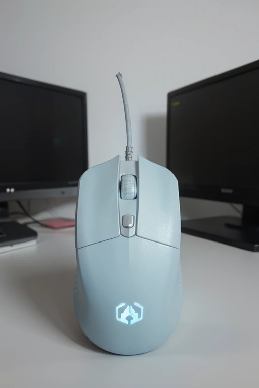 A 3D render of a pastel blue ergonomic wireless mouse with the meta logo printed, visto de arriba, el fondo es Blanco completo,