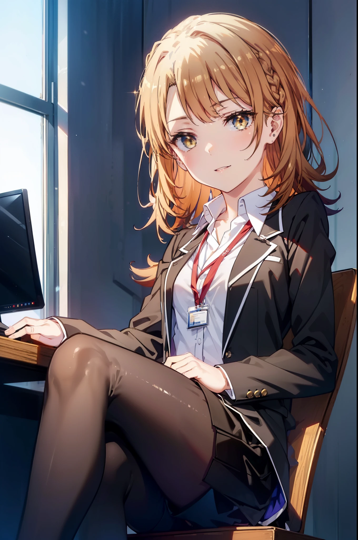 irohaisshiki, iroha isshiki, long hair, brown hair, (brown eyes:1.5), happy smile, smile, open your mouth,OL, red glasses,ponytail,short braided hair, black suit jacket, collared jacket, white dress shirt, collared shirt, neckline, button, strap, ID card on neck, black pencil skirt, black pantyhose, stiletto heels,There is a computer on the table,sitting cross-legged on a chair,interior,noon,Clear skies,window Building district,noon,Clear skies,
break indoors, office,
break looking at viewer,(cowboy shot:1. 5)
break (masterpiece:1.2), highest quality, High resolution, unity 8k wallpaper, (figure:0.8), (detailed and beautiful eyes:1.6), highly detailed face, perfect lighting, Very detailed CG, (perfect hands, perfect anatomy),