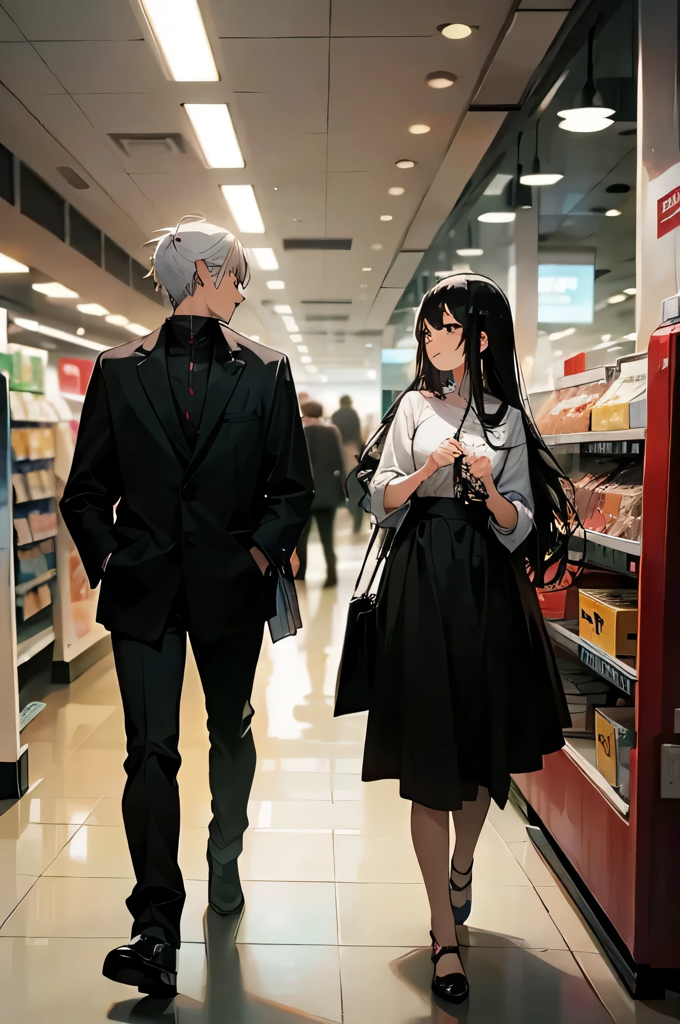 Two people, a man and a woman, in a shopping mall，Man with short white hair and woman with long black hair，，walk side by side，shop