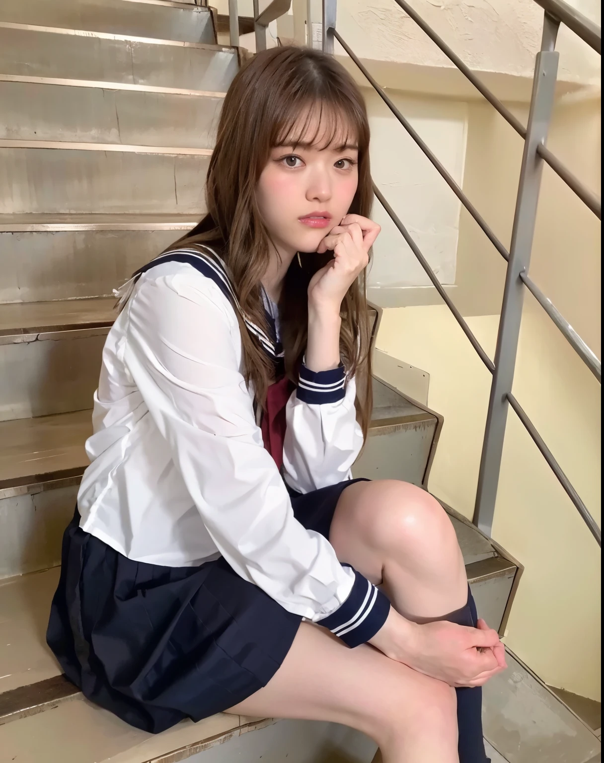 highest quality、8K de,masterpiece、ultra high resolution、(photorealistic:1.4)、Raw photo、girl、Alafed asian woman sitting on stairs with hand on chin, Chiho, Seifuku, Sakimi-chan, Yoshitomo Nara, Sakimi-chan, Shikamimi, Kakinouchi Narumi, sailor uniform, Young Gravure Idol, reluvy5213, Harumi