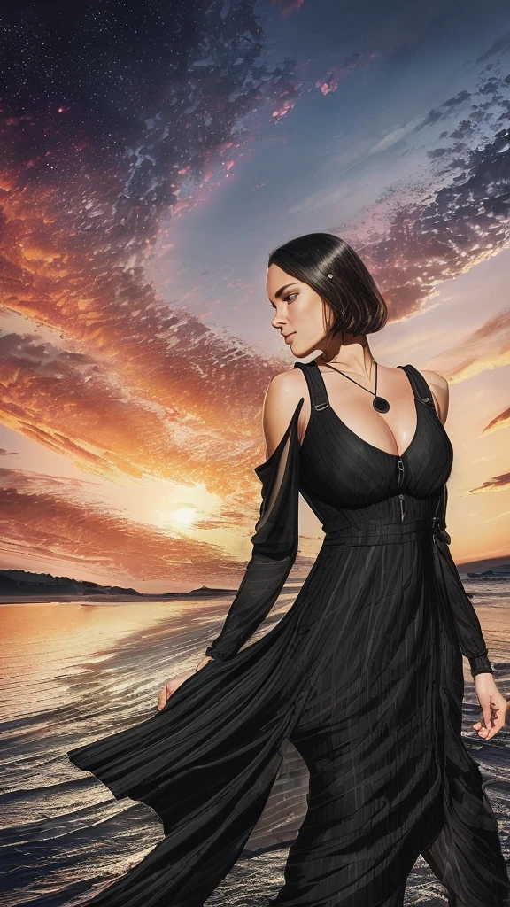 (((art: 1.4, best quality: 1.4, 8k,))), ultra high resolution, physically based rendering, portrait, ultra beautiful woman, 38 years old, large detailed eyes, symmetrical and well-focused eyes, detailed thinning eyebrows , highlights in the eyes, (half-combed dark brown hair, bangs, hair floating in zero gravity), highly detailed facial and skin texture, slight dimple on the face without makeup, light focus: 1.2, small mouth wearing burgundy lipstick; body with perfect style, slender beauty: 1.4, ((normal breasts) ), slim abdomen, narrow waist, clear facial features, (radiant expression: 1.3, looking at the right side of the scene: 1.2), (long black dress, broad shoulders: 1.6, slight cleavage in front: 1.8), legs in front of each other: 1.4, (exposed detail: 1.4, no hair: 1.5), ( ((she is trapped inside a simple clear glass bottle))), ((Many bright and colorful particles are flying: 1.5, backlit) ), (((single dark background:1.3)), Front view of the scene in close-up scaled in high relief; 8k details; precision in details; vibrant colors, perspective view, perspective, wooden splash; image is the woman in the background of a sunset, reflected in the beach sea with clear sand and colorful stones; this breathtaking scene is captured in a realistic and exquisitely detailed image, where each brushstroke captures the energy; dynamics and supernatural beauty, professional photography, contemporary style, ink and watercolor paintings. The richness of colors and depth of detail immerse viewers in a mesmerizing spectacle that transcends the limits of reality.