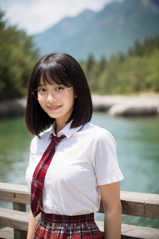 8k RAW photo, highest quality, masterpiece, ultra high resolution, 3D, realistic, 1 girl, Japanese , black_hair, 前hair, black_crew_collar, length_hair, nose, School_uniform, neckerchief, natural skin texture, light brown_eye, detailed eyes and face, lips, lipstick, smile, teeth, beautiful feet, huge breasts, Wear glasses, beautiful natural places, (detailed background), plaid skirt, white shirt, huge breasts, blurred background, short sleeve
