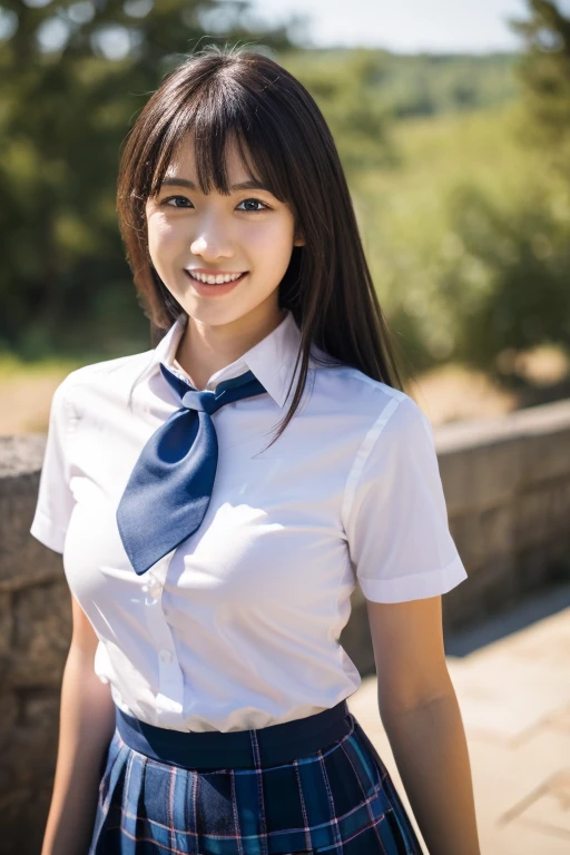 8k RAW photo, highest quality, masterpiece, ultra high resolution, 3D, realistic, 1 girl, Japanese 15 years old, black_hair, 前hair, black_crew_collar, length_hair, nose, School_uniform, neckerchief, natural skin texture, light brown_eye, detailed eyes and face, lips, lipstick, smile, teeth, beautiful feet, huge breasts, Wear glasses,  beautiful natural places, (detailed background), plaid skirt, white shirt, huge breasts, blurred background, short sleeve