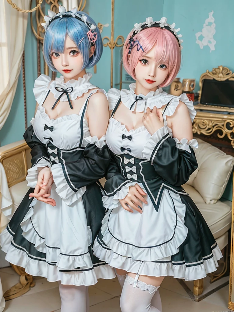 (8K, Photorealistic, Raw photo, of the highest quality: 1.3), (1girl in), Super beautiful, (Realistic face), (boyish, pink Color Berry Shorthair), Beautiful , Glare that captivates the viewer, Beautiful expression, Beautiful breasts, (Realistic skin), Be...Create a detailed and colorful image of Ram and Rem from Re:Zero, standing back-to-back in their maid outfits, with a magical fantasy background、14years old, two girls,cute, perfect face, beautiful, nice body, gothic lolita clothes, gothic lolita fashion, frilly skirt, headdress, necklace, bracelet, knee-high socks, boots, double eyelids, tear bags, Detailed down to the fingers, photo-like description, indoors, dim indoor lighting, one girl is pink hair and short bob, another girl is light blue hair and short bob,standing, sexy posing,whole body, composition that shows the whole body, smiling,The Both of them are wearing the same type of maid outfit,Optimal ratio of 4 fingers and 1 thumb