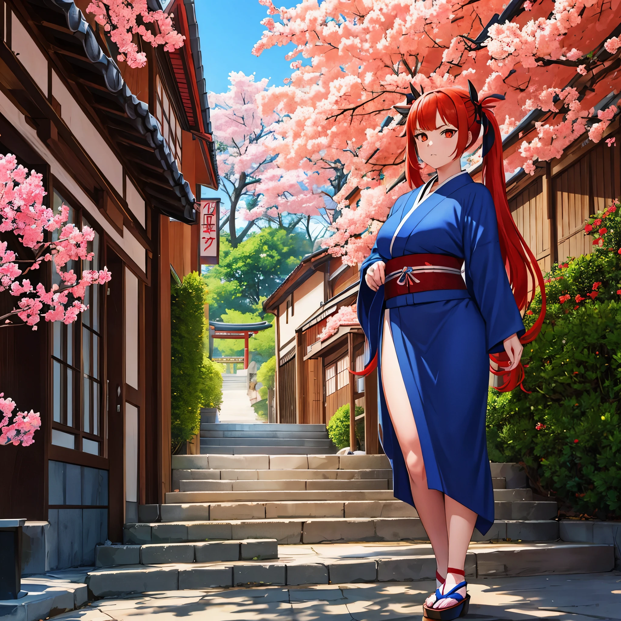 bodaciousA woman wearing a weak blue kimono, with legs exposed, large breasts, red hair, navy pigtails, orange eyes, in a traditional Japanese street, sakura trees, Japanese arches, staircase, lighting, serious face,HDR, ultra resolution, sharp, masterpiece, 8K HD, (just a woman, solo)