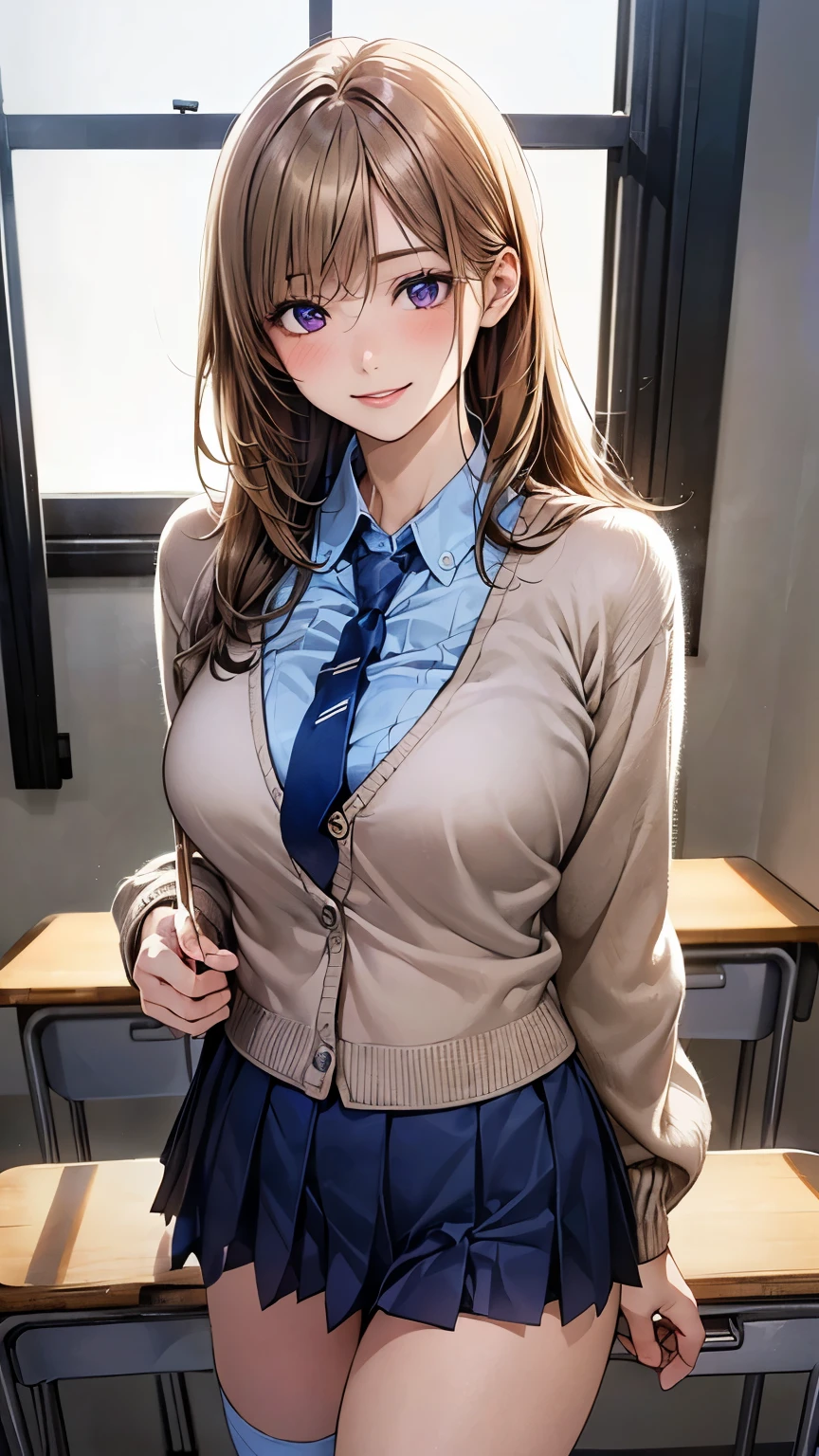 (masterpiece:1.2, highest quality), (realistic, photorealistic:1.4), beautiful illustrations, (Natural side lighting, movie lighting), NSFW, 
looking at the viewer, cowboy shot, Front view:0.6, 1 girl, Japanese, high School girl, perfect face, Cute symmetrical face, shiny skin, 
(long hair:1.8, straight hair:1.7, blonde), asymmetrical bangs, purple eyes, (big breasts:1.1, thick thighs), 
beautiful hair, beautiful face, detailed and beautiful eyes, beautiful clavicle, beautiful body, beautiful breasts, beautiful thighs, beautiful feet, Beautiful fingers, 
((light blue collared shirt, Navy Pleated Mini Skirt, socks, navy them, light brown cardigan)), pink panties, 
(beautiful scenery), evening, School, classroom, curtain, walk, wave hands, (cute smile, upper eye), 