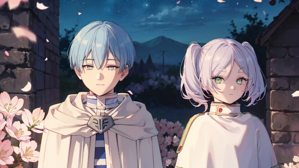 ((highest quality, super detailed girl and boy:1.4))BREAK,(girl is White hair,green eyes,shining eyes,(absurdly long twin tail):1.3),BREAK,(boy is Blue hair,boy is short hair:1.4),BREAK,(boy and girl walking side by side:1.4),(landscape photography:1.2), (highly detailed background:1.2),(cherry blossoms, cherry blossom,standing, midnight, moon:1.3),(total1 girl,total 1 boy,duo:1.3),from above,girl is expressionless, boy is smile