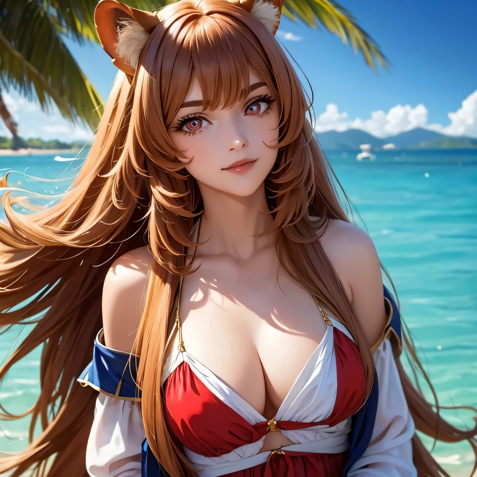 Raphtalia, attractive 30 year old woman. orejas de oso, cabello rubio brillante, red eyes like rubies, rubor, smug look, sonrisa siniestra, pechos grandes, bikini naranjo con de tigre, accesorios de oro, , pechos grandes, alta calidad. fondo un lago. de noche. luna llena. manos perfectas. gotas de agua en su pecho, sudor.