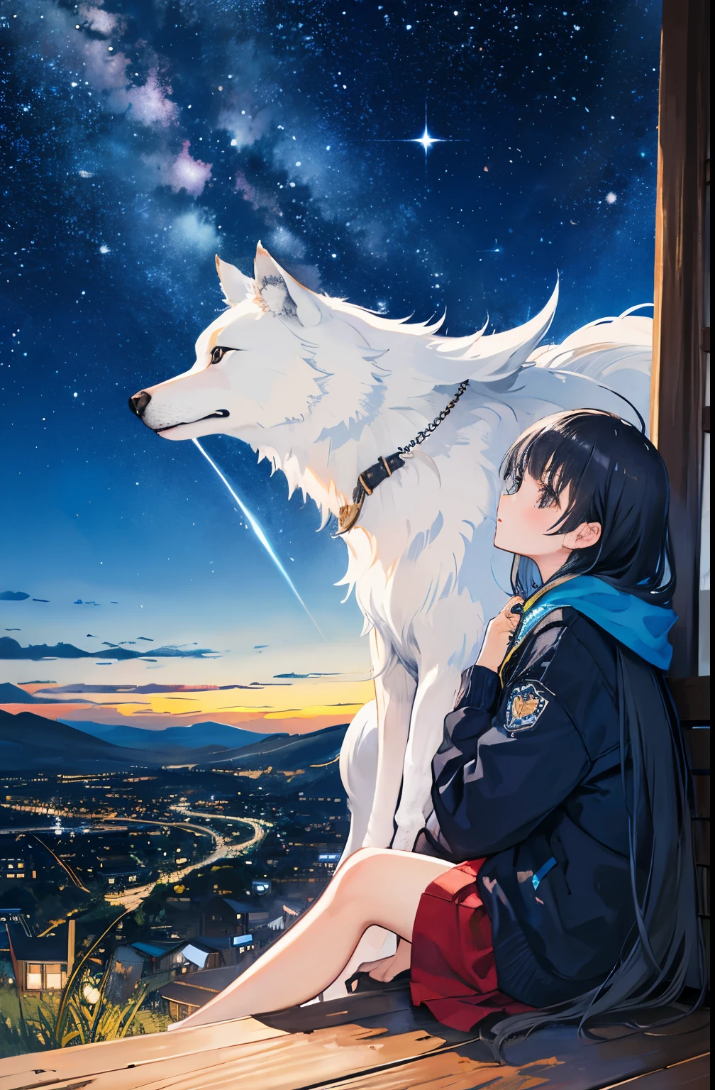 octans, sky, star (sky), scenery, starry sky, night, 1girl, night sky, solo, outdoors, building, cloud, milky way, sitting, tree, wolf hair, country town, silhouette, cityscape