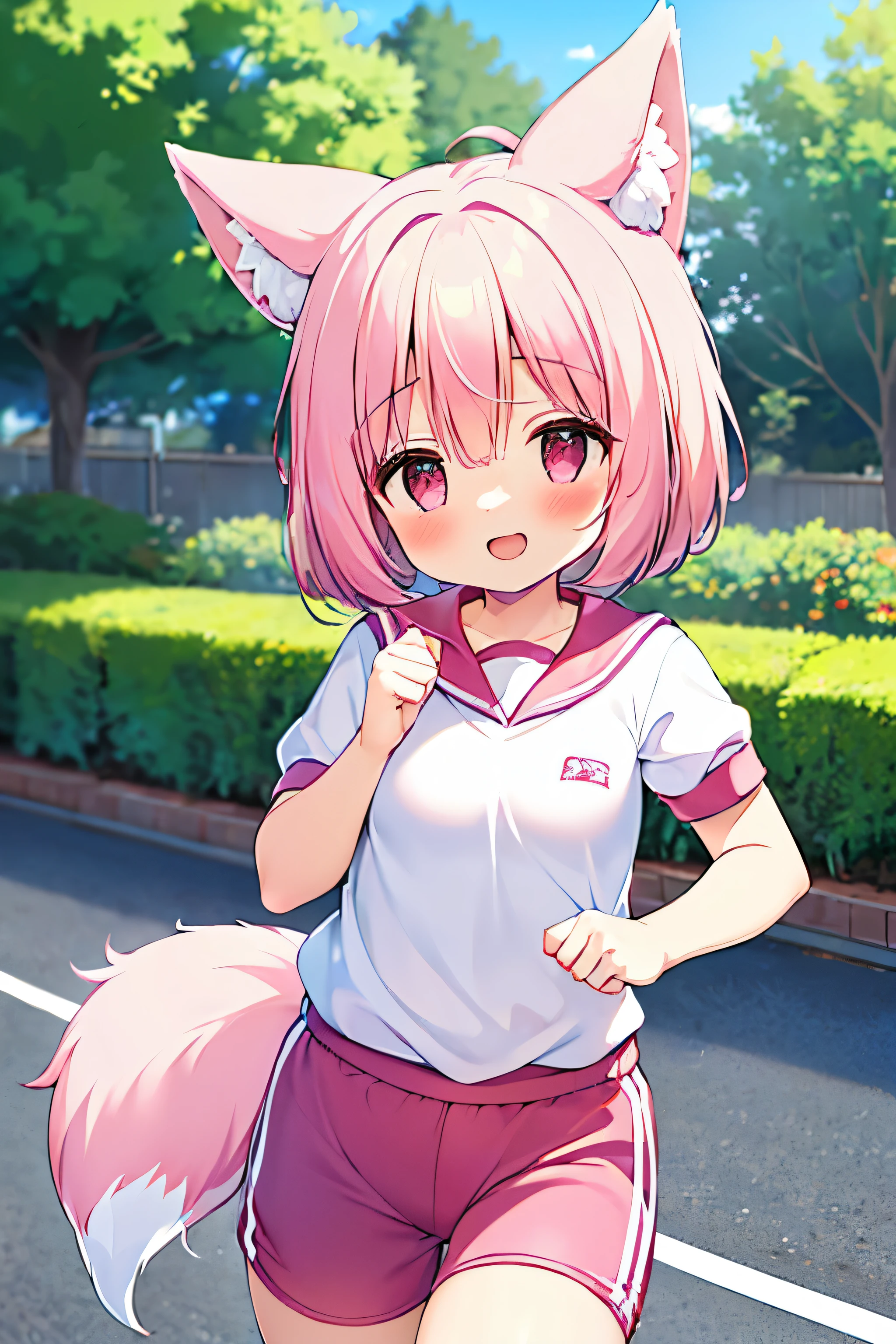 (((masterpiece))), (((最high quality))), (((high quality))), (((beautiful))), (((8K))), (((High resolution)) (((超High resolution))), (((High resolution))), (pink short hair:1.3), (Pink fox tail:1.4), (Pink fox tail:1.2), Pink fox ears with white tips, (pink eyes), small breasts, (cowboy shot:1.3), (laughing:1.3), (Paved walkway in the park:1.2),  park tree々, (running:1.4), (Run:1.5), (Girl running:1.4), (school gym clothes:1.2)