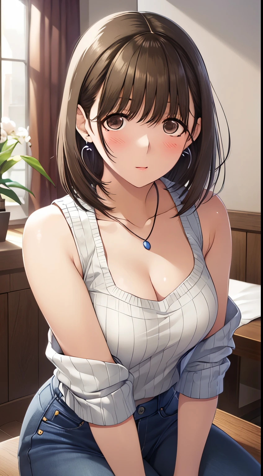 (on the table, best quality, High resolution, , pixel perfect, 4K,), 

1 girl, single, alone, beautiful woman、I can see the whole body、 ((short hair, shiny chestnut hair)), ((brown eyes, beautiful eyelashes, actual eyes)), ((Detailed face, blush:1.2)), ((smooth texture:0.75, actual texture:0.65, actual:1.1, Anime CG style)), 
medium breasts, Dynamic angle, Perfect body, ((, Beige off-shoulder sweater、tight denim skirt、black、cute necklace、earrings、)), shy smile、Luxury hotel rooms、Cross your arms，Highlight your cleavage、((Pink lace is clearly visible))、