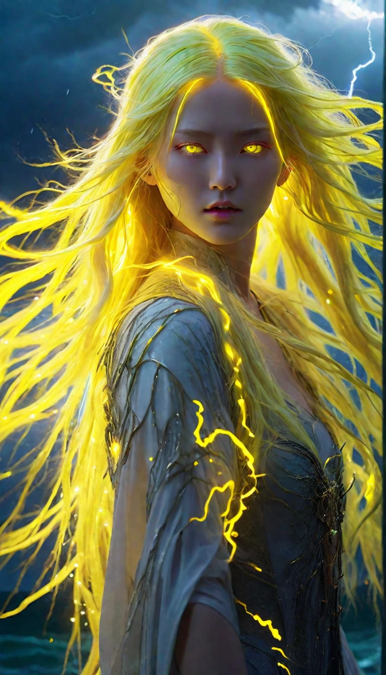 cosmic fallen angel, Holding a glowing stick,Long yellow hair,Hair that stands on end,Veins pop out on the face,Glowing yellow light eyes,eyes shine, biomechanics, Spooky, spooky, Nightmare, Very bright color, particles of light, The light shines, Musif, wallpaper art, uhd wallpaper,Background lightning,Lightning on the ocean background,In the storm,Mr.々Nakami々is powerfully depicted。They are the forces of nature and people.々Symbolizing the faith of、It expresses the mystery and sanctity of light.。