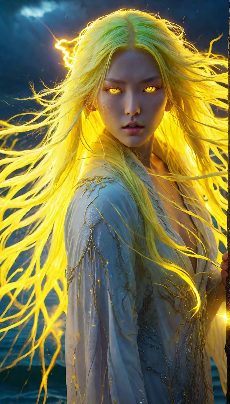 cosmic fallen angel, Holding a glowing stick,Long yellow hair,Hair that stands on end,Veins pop out on the face,Glowing yellow light eyes,eyes shine, biomechanics, Spooky, spooky, Nightmare, Very bright color, particles of light, The light shines, Musif, wallpaper art, uhd wallpaper,Background lightning,Lightning on the ocean background,In the storm,Mr.々Nakami々is powerfully depicted。They are the forces of nature and people.々Symbolizing the faith of、It expresses the mystery and sanctity of light.。