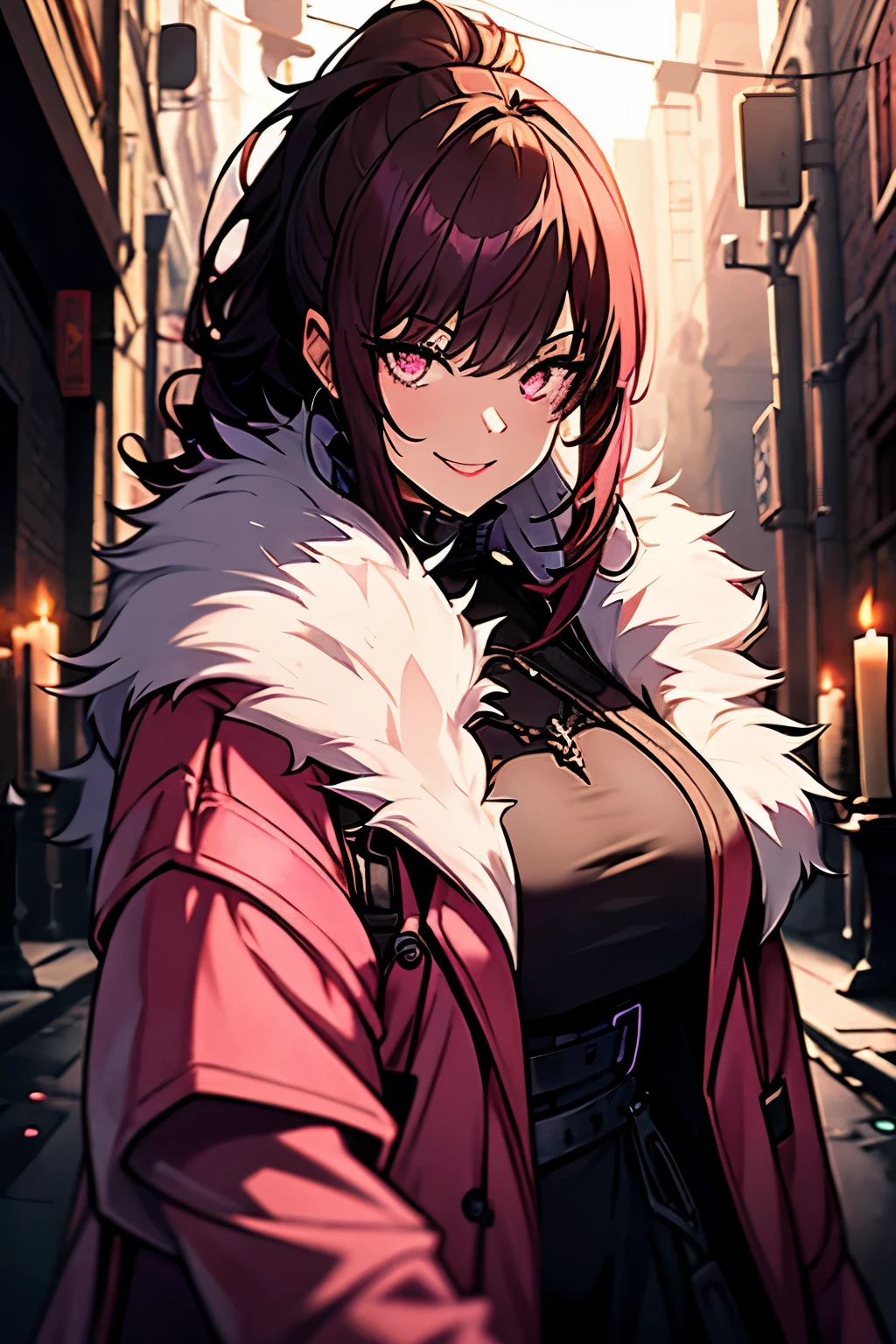 A beautiful gothic woman(plus size) with long black hair (haircut with bangs and ponytail), Latin eyes, smiling sweetly, wearing a pink neon elegant dress cyberpunk and a long fur jacket, Empty background of medieval street by candlelight