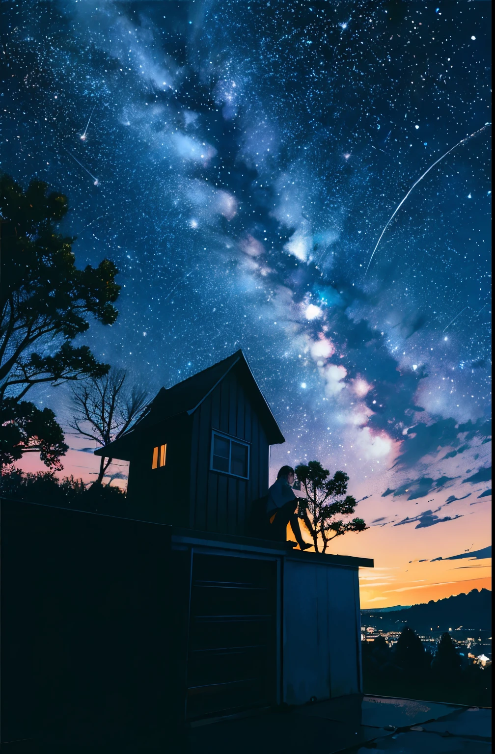 octans, sky, star (sky), scenery, starry sky, night, 1girl, night sky, solo, outdoors, building, cloud, milky way, sitting, tree, country town, silhouette, cityscape