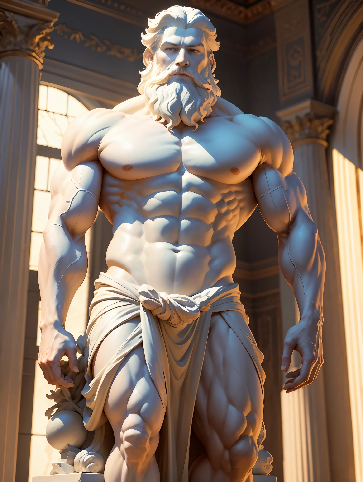 Designed with a powerful white light background featuring enchanting white marble enchanting sculptures, Muscular figures from Greek mythology. Sculpture should embody strength, wisdom, And the realistic marble texture is intriguing.., Visible biceps and a々Showing off his muscular beard. Add a classic touch, In the background we place elegant marble Greek columns. The overall design is、It evokes a sense of motivation and inspiration., drawing viewers into the captivating world of ancient wisdom and artistry. --automatic