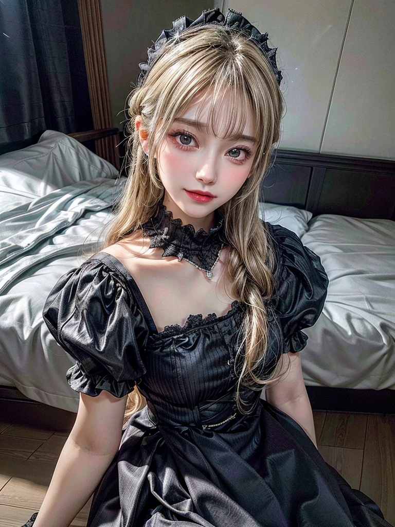 (8K, Photorealistic, Raw photo, of the highest quality: 1.3), (1girl in), Super beautiful, (Realistic face), (boyish, Silver Color Berry Shorthair), Beautiful , Glare that captivates the viewer, Beautiful expression, Beautiful breasts, (Realistic skin), Be...Super high quality, super high definition, super detailed, masterpiece, 20years old, female, cute, perfect face, beautiful, nice body, gothic lolita clothes, gothic lolita fashion, frilly skirt, headdress, necklace, bracelet, knee-high socks, boots, double eyelids, tear bags, Detailed down to the fingers, photo-like description, indoors, dim indoor lighting, blonde hair,semi long  straight hair , standing, whole body, composition that shows the whole body, smiling