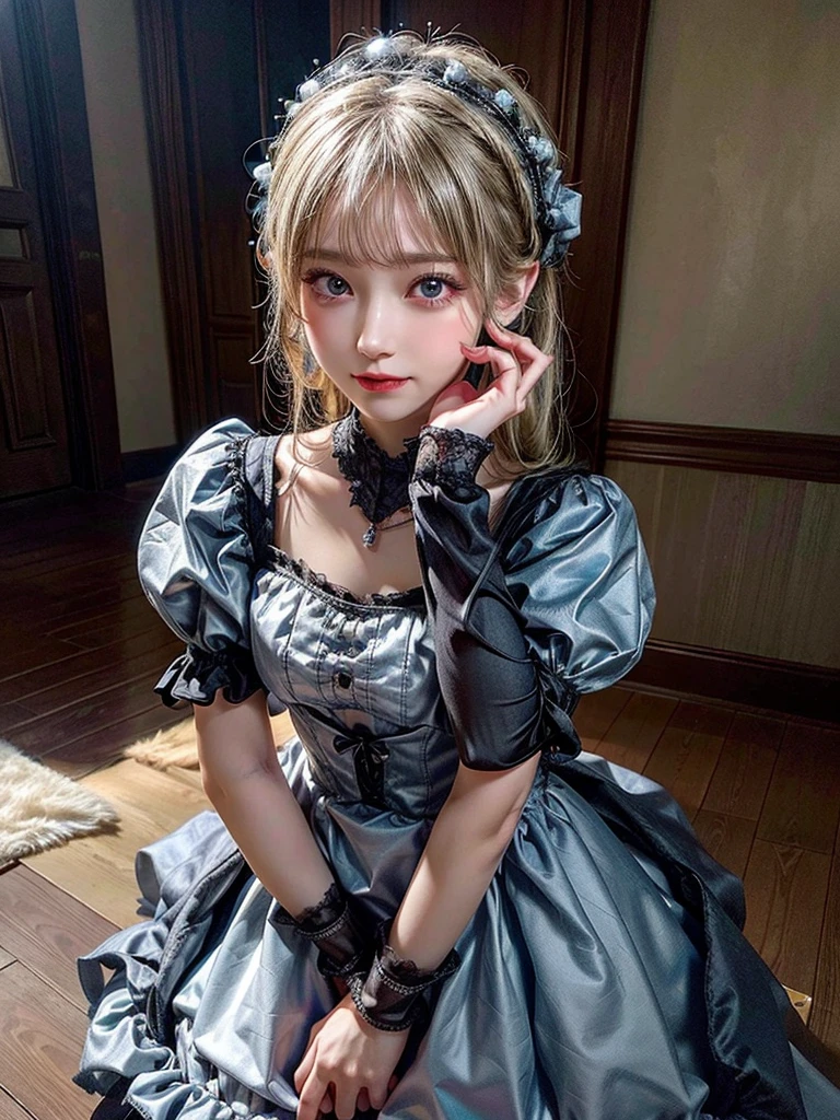 (8K, Photorealistic, Raw photo, of the highest quality: 1.3), (1girl in), Super beautiful, (Realistic face), (boyish, Silver Color Berry Shorthair), Beautiful , Glare that captivates the viewer, Beautiful expression, Beautiful breasts, (Realistic skin), Be...Super high quality, super high definition, super detailed, masterpiece, 20years old, female, cute, perfect face, beautiful, nice body, gothic lolita clothes, gothic lolita fashion, frilly skirt, headdress, necklace, bracelet, knee-high socks, boots, double eyelids, tear bags, Detailed down to the fingers, photo-like description, indoors, dim indoor lighting, blonde hair,semi long straight hair , standing, whole body, composition that shows the whole body, smiling
