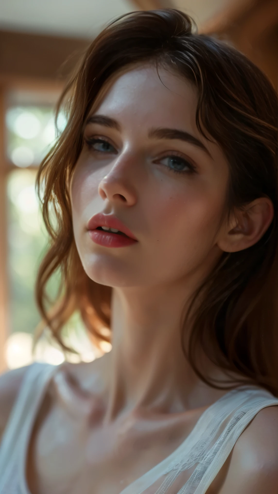 (((ultra realistic))) Photo, masterpiece, top quality, (pale skin), (Ultra detailed face and eyes:1.3), 1 girl, Adult, in a T-shirt, full body, (Eye makeup, mascara) , ((large detailed lips)), ((ash wavy hair)), ((Chyolka)) , (Natural breasts), Slim waist. ((Posing)), photoshoot, studio (soft lighting), (The play of light and shadows), depth of field, bokeh, (special attention to skin detail: 1.2), Detailed leather texture, skin pores. (Airy atmosphere of the frame. Color range - delicate, Bright, white, Pink tones), UDR, ((Film grain)), ((rays)), ((glare of the sun)), ((waist up portrait, close to the camera)) , ultra detialed,
