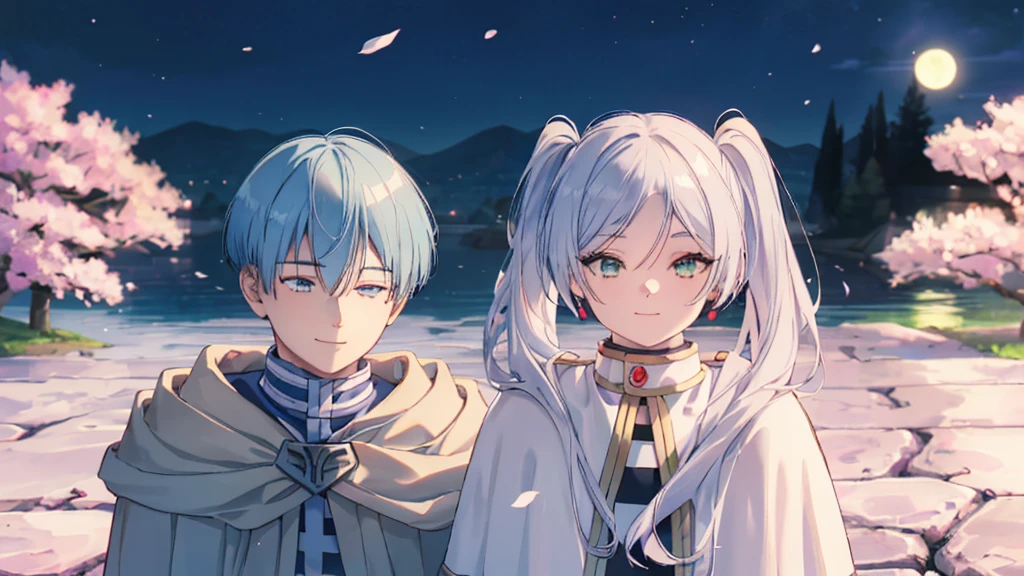 ((highest quality, super detailed girl and boy:1.4))BREAK,(girl is White hair,green eyes,shining eyes,((absurdly long twin tail)):1.3),BREAK,(boy is Blue hair,boy is short hair:1.3),BREAK,(boy and girl walking side by side:1.4),(landscape photography:1.2), (highly detailed background:1.2),(cherry blossoms, cherry blossom,standing, midnight, moon:1.3),(total1 girl,total 1 boy,duo:1.3),from above,girl is expressionless,(boy is smile:1.2)