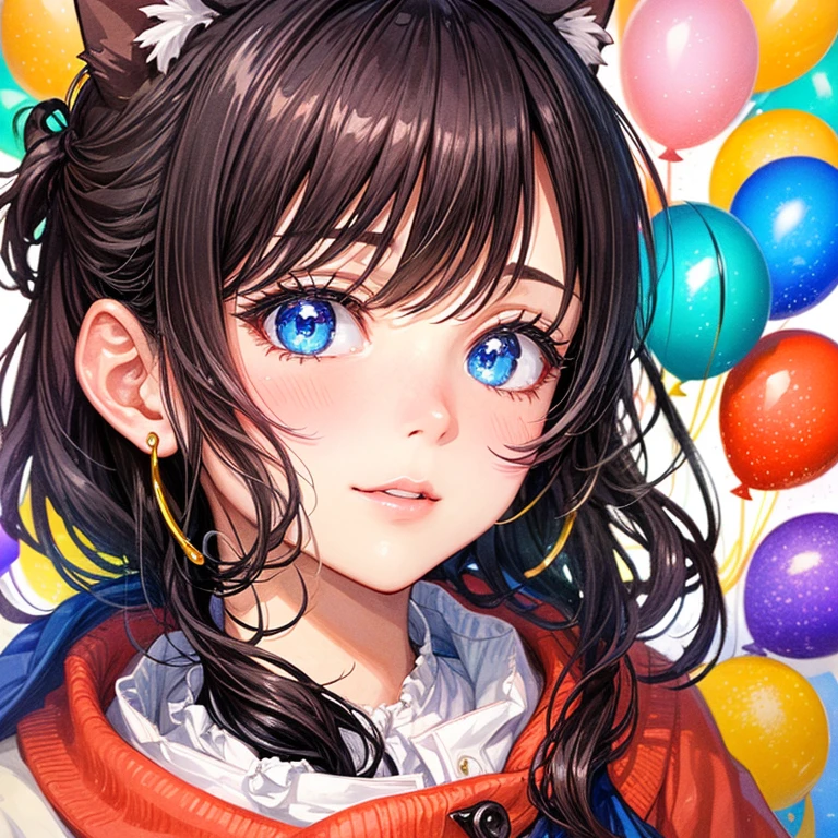 ((worst quality, low quality)), muste piece,best quality,Super detailed,masterpiece, face focus,(Kemomimi beautiful girl:1.3), solo(beautiful eyes )plump lips, best smile,   birthday cake🎂, (Theme park background with many balloons flying:1.2), balloon effect🎈,masterpiece,32k,