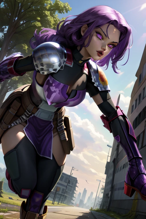 Fury, large purple hair,lips, no pupils, white eyes, forehead mark, 
standing, close up, facial view, 
shoulder armor,breastplate,gauntlets,pelvic curtain, boots, destroyed city,
 large trees, street, morning,
 (insanely detailed, beautiful detailed face, masterpiece, beautiful detailed eyes, best quality) 
 