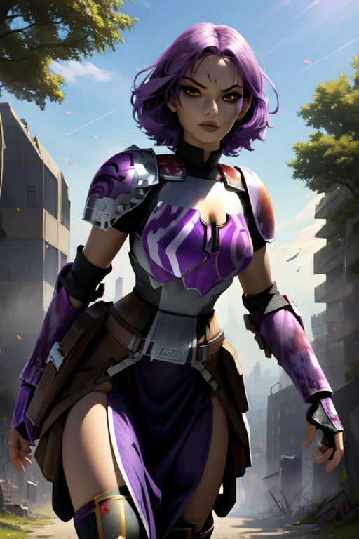 Fury, large purple hair,lips, no pupils, white eyes, forehead mark, 
standing, close up, facial view, 
shoulder armor,breastplate,gauntlets,pelvic curtain, boots, destroyed city,
 large trees, street, morning,
 (insanely detailed, beautiful detailed face, masterpiece, beautiful detailed eyes, best quality) 
 