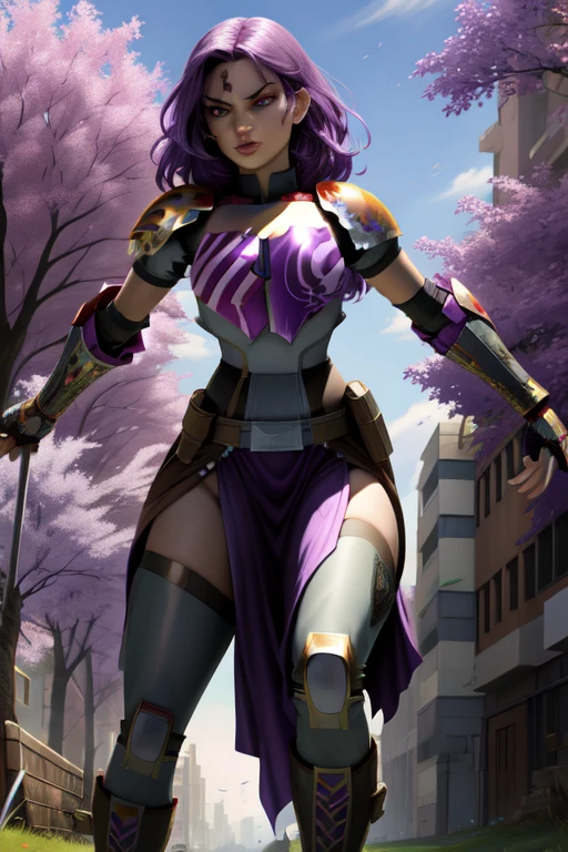 Fury, large purple hair,lips, no pupils, white eyes, forehead mark, 
standing, close up, facial view, 
shoulder armor,breastplate,gauntlets,pelvic curtain, boots, destroyed city,
 large trees, street, morning,
 (insanely detailed, beautiful detailed face, masterpiece, beautiful detailed eyes, best quality) 
 