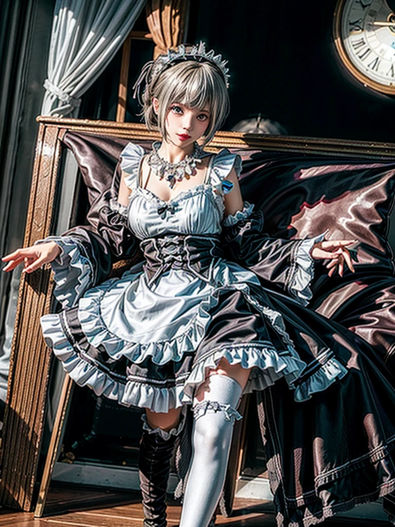 (8K, Photorealistic, Raw photo, of the highest quality: 1.3), (1girl in), Super beautiful, (Realistic face), (boyish, Silver Color Berry Shorthair), Beautiful , Glare that captivates the viewer, Beautiful expression, Beautiful breasts, (Realistic skin), Be...Super high quality, super high definition, super detailed, masterpiece, 20years old, female, cute, perfect face, beautiful, nice body, gothic ta clothes, gothic loliashion, frilly skirt, headdress, necklace, bracelet, knee-high socks, boots, double eyelids, tear bags, Detailed down to the fingers, photo-like description, indoors, dim indoor lighting, big breasts, blonde hair, semi long, standing, whole body, composition that shows the whole body, smiling,Optimal ratio of 4 fingers and 1 thumb