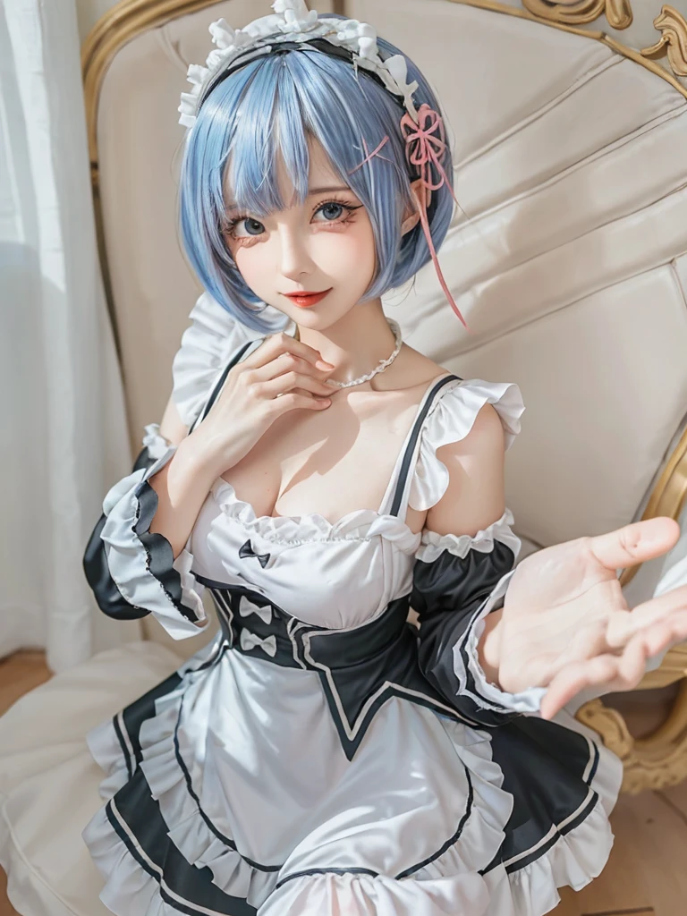 (8K, Photorealistic, Raw photo, of the highest quality: 1.3), (1girl in), Super beautiful, (Realistic face), (boyish, pink Color Berry Shorthair), Beautiful , Glare that captivates the viewer, Beautiful expression, Beautiful breasts, (Realistic skin), Be...Create a detailed and colorful image of Ram and Rem from Re:Zero, standing back-to-back in their maid outfits, with a magical fantasy background、14years old, two girls,cute, perfect face, beautiful, nice body, gothic lolita clothes, gothic lolita fashion, frilly skirt, headdress, necklace, bracelet, knee-high socks, boots, double eyelids, tear bags, Detailed down to the fingers, photo-like description, indoors, dim indoor lighting, one girl is pink hair and short bob, another girl is light blue hair and short bob,standing, sexy posing,whole body, composition that shows the whole body, smiling,The Both of them are wearing the same type of maid outfit,Optimal ratio of 4 fingers and 1 thumb