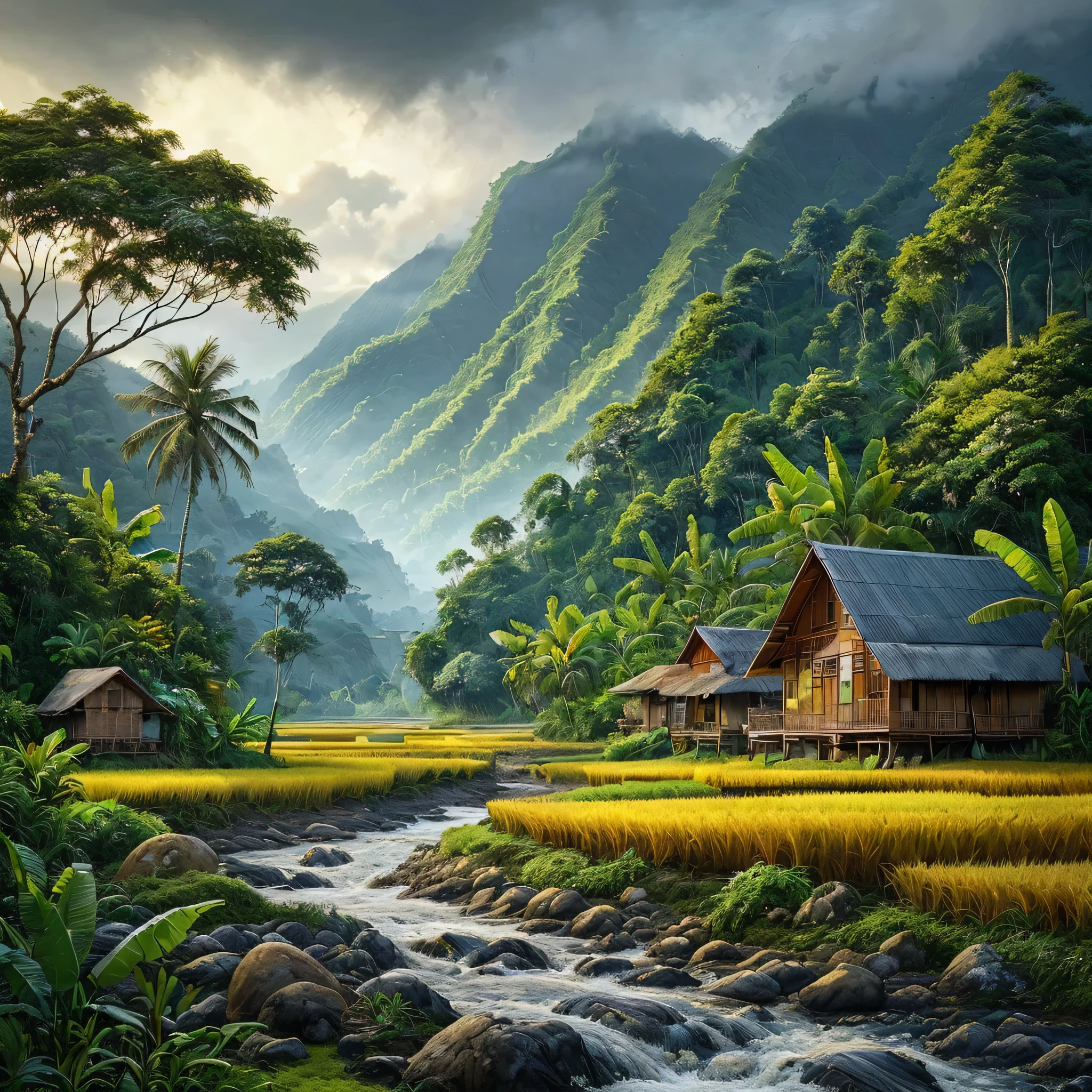 beautiful paintings of rice fields, rocky rivers, banana trees, coconut trees, wooden houses with tin roofs, with mountain backgrounds, fine art paintings, trending in the CG community, Sumatra, houses in the forest, son, tropical locations, cellphone wallpapers
