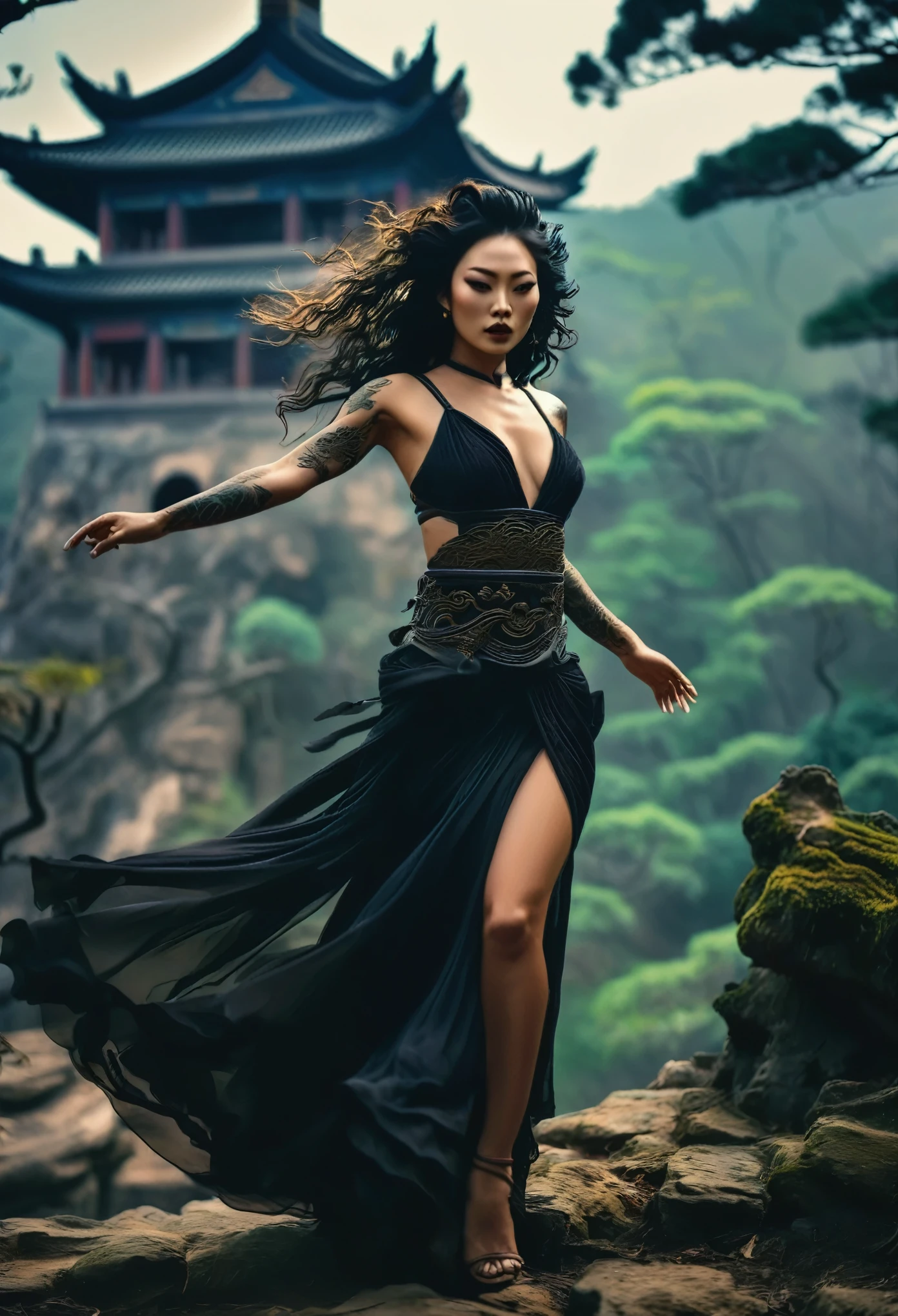 full body longshot, Expressive cinematic film still juxtaposition of a forest, outdoors blurry depth of field, Dark horror-themed Masterpiece, mystical ancient chinese castle on a hilltop, mysterious asian female Herald of Chaos twirling flowing black dress madness, (tattoos:1.5), curly wild hair flying sensual and dangerous tribal aesthetic mystical, Telephoto lens high， A high resolution 4K Picture，intricate detail， RAW photography， Sharp subject， Nikon D850 Film Stock Photo,Kodak Portra 400 Camera F1.6 shots, Rich colors, ultra-realistic vivid textures, Dramatic lighting,
trending on cg society, ((beautiful woman)), light brown skin,  feminine and muscular, 