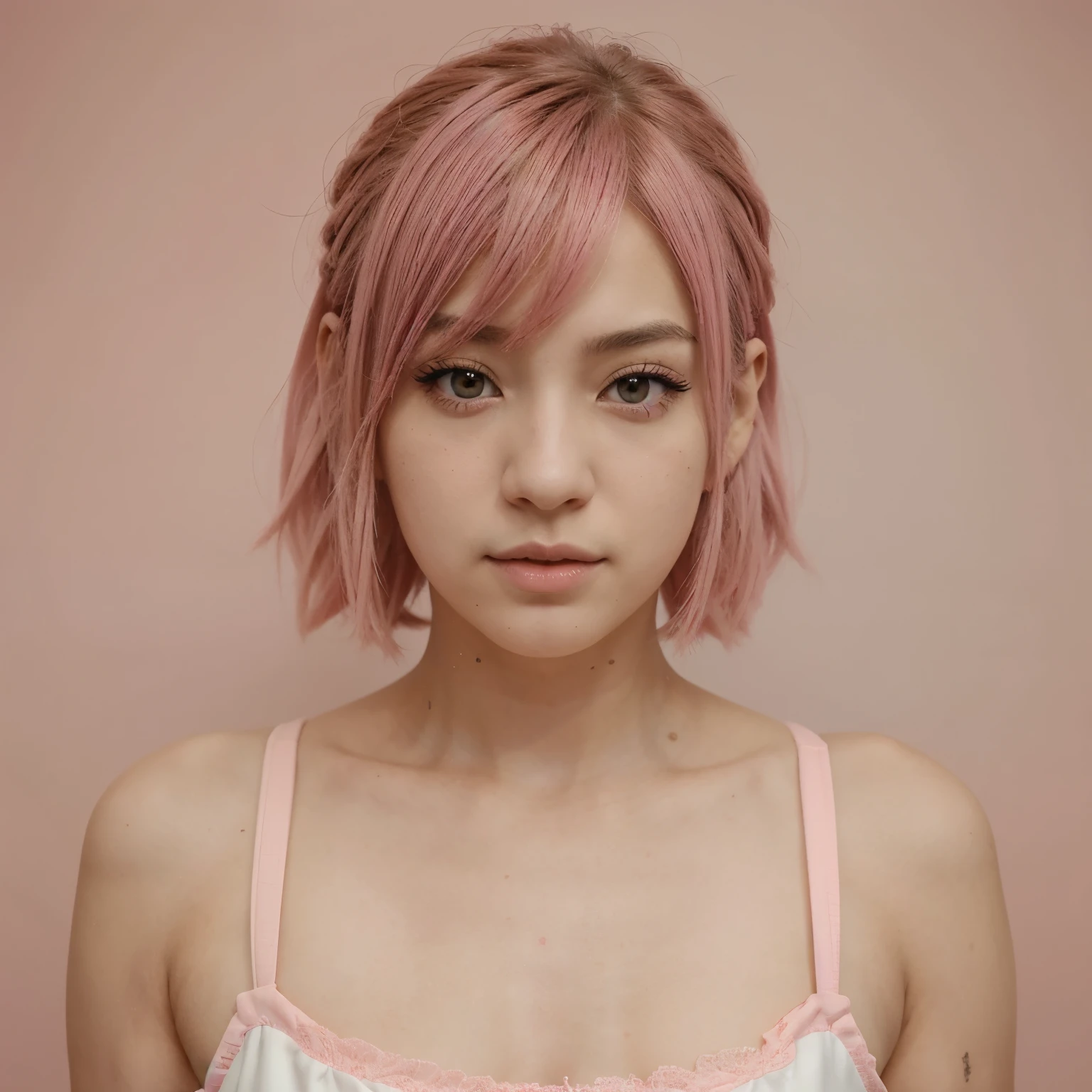 girl 21 years old, short shoulder-length hair, pink hair color