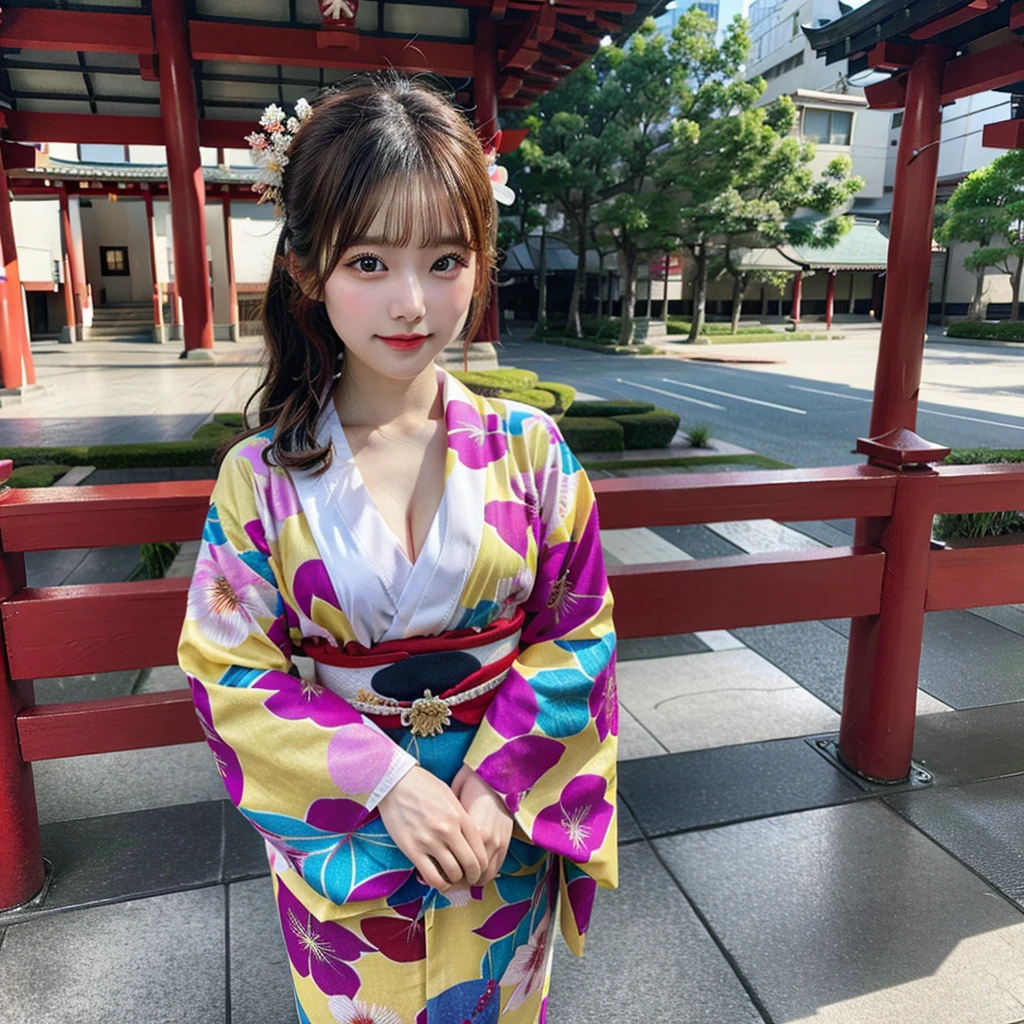 Create a realistic 3D image, wide angle, full body, with the highest resolution, a beautiful, cute Japanese girl, 20 years old, wearing a kimono, bright colors, beautiful patterns, according to fashion, showing off her cleavage, walking to admire the beauty of Sensoji Temple.