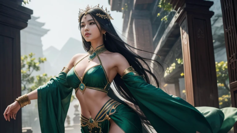 The Mistweaver Monk strides gracefully, her movements as fluid as a gentle breeze. Clad in emerald form-fitting robes that accentuate her lithe figure, she exudes an aura of mystique and confidence. Her attire, a blend of traditional green monk garb and elegant silk, hugs her curves in all the right places, hinting at the strength and agility beneath. Long, flowing locks of silky hair cascade down her back, framing a face of captivating beauty. Her eyes, a mesmerizing shade of jade, sparkle with intelligence and inner fire. With each step, she exudes a subtle scent of exotic spices and rare blossoms, drawing others near with an irresistible allure. Adorned with delicate jewelry crafted from precious stones and metals, she adds a touch of elegance to her martial prowess. A jade pendant, shimmering with mystical energy, hangs from her neck, symbolizing her connection to the forces of healing and renewal. In combat, she moves with effortless grace, her every gesture a dance of power and precision. As she channels her chi to mend wounds and protect her allies, her movements take on a sensual rhythm, captivating those who witness her mastery. Despite the chaos of battle, she remains composed, her confidence unwavering. With a knowing smile and a flick of her wrist, she dispels doubt and fear, instilling hope and courage in those around her. In the midst of danger, she is a beacon of light and warmth, drawing others to her with a magnetic allure that is as irresistible as it is intoxicating.