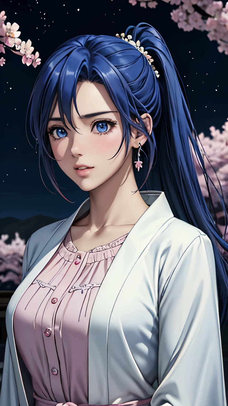 blue eyes, (highest quality, masterpiece painting:1.3), immature woman, , (half body shot), masterpiece, ultra high resolution, (Photoreal:1.0), blue hair, ponytails, straight hair, beautiful shining hair, white and shining skin, ((Ultra realistic details)), octane rendering, highly detailed face, (big breasts:0.8), (make a heart with hands),（(Translucent white robe),  (pink feather robe,Layering), White cherry blossom embroidery pattern, silver earrings,（milky way galaxy), Hair flutters under the influence of the wind, Japanese garden with beautiful cherry blossoms at night, Mysterious night sky, Beautiful Landscapes, sharp focus, intricate details, professional artwork, (bright colors:1.1), bright colors, diffused lighting, digital blending, ultra-definition body, ultra detail hair, super detailed face, that&#39;It&#39;s trending on pixiv, top button open, Cute gaze, compensate, perfect lips, perfect compensate, Ultra-precision coating,  (light_smile:0.8), (Very embarrassed:1.2), blush your nose,