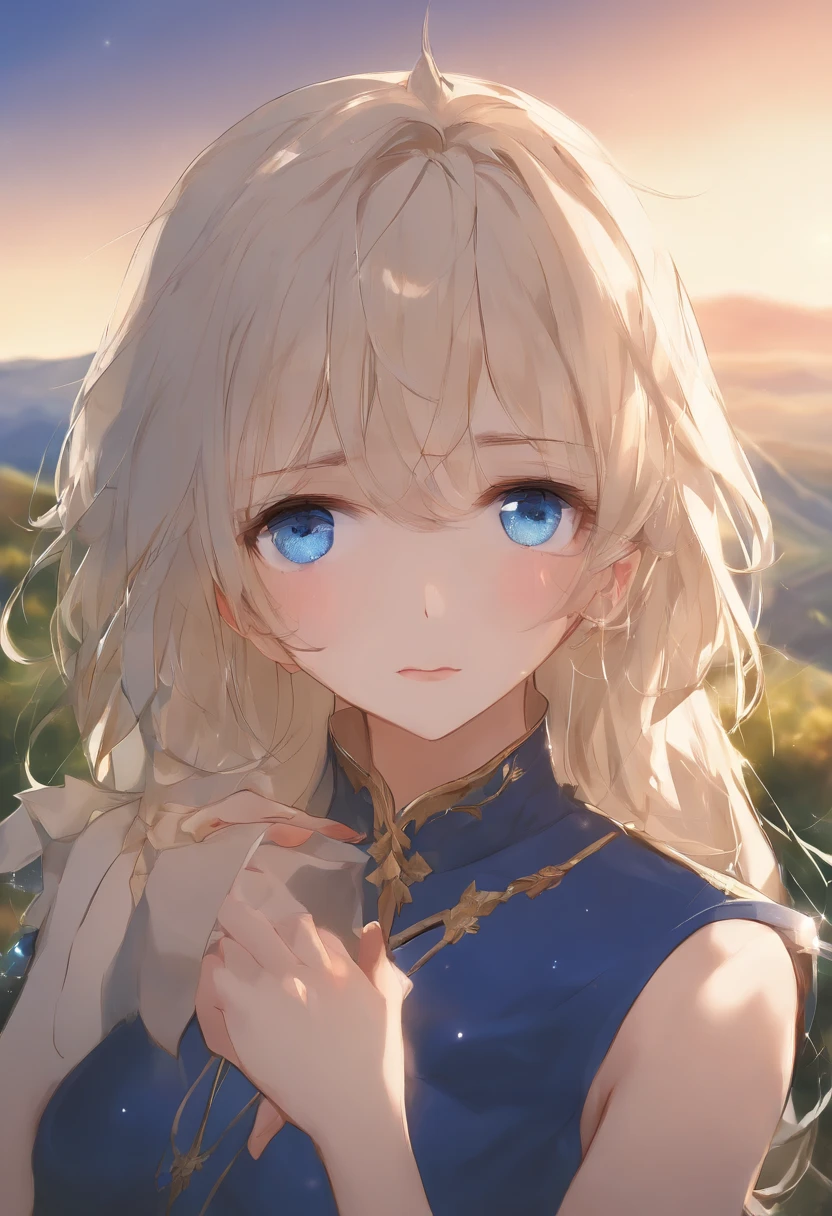 absurderes、hight resolution、(Official art、Beautifully Aesthetic:1.2)shining sky, Vast world, Distant horizon, cloud, High hills, natural beauty, nigh sky, starrysky, milkyway, Shining stars, look up to, Smooth straight beige hair,(Deep Blue Eyes:1.2),(Looking Up:1.1),(A wistful look),(shed tears:1.2)